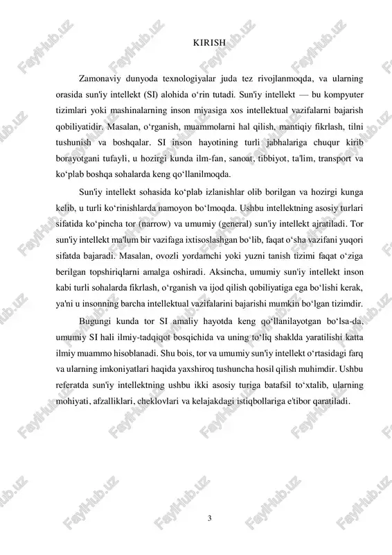 on hisoblanadi. ushbu mezonga ko‘ra, sun'iy intellekt asosan uch turga bo‘linadi: tor sun'iy intellekt, umumiy sun'iy intellekt va superintellekt. tor (narrow) sun'iy intellekt (ani): tor si faqat bitta yoki cheklangan ko‘lamdagi vazifalarni bajarishga qodir. u insonning ayrim aqliy funksiyalarini, masalan, tilni qayta ishlash, yuzni tanish, tavsiya berish tizimlari kabi aniq sohalarda yuqori samaradorlik bilan ishlaydi. ammo tor si o‘z doirasidan chiqib, yangi va turli vazifalarni bajarish imkoniyatiga ega emas. bugungi kundagi ko‘pchilik amaliy sun'iy intellekt tizimlari aynan tor siga kiradi. umumiy (general) sun'iy intellekt (agi): umumiy si inson aqlining keng ko‘lamli vazifalarini bajarishga qodir bo‘lgan tizimdir. bu turdagi sun'iy intellekt o‘rganish, mantiqiy fikrlash, muammolarni hal qilish va ijodiy faoliyat kabi inson intellektining barcha jihatlarini o‘z ichiga oladi. agi inson kabi har xil vazifalarni bajarishi mumkin va yangi vazifalarga moslashishda yuqori darajada erkinlikka ega. hozirgi kunda agi faqat ilmiy va nazariy tadqiqotlar darajasida, uning to‘liq ishlaydigan modelini yaratish hali amalga oshmagan. …