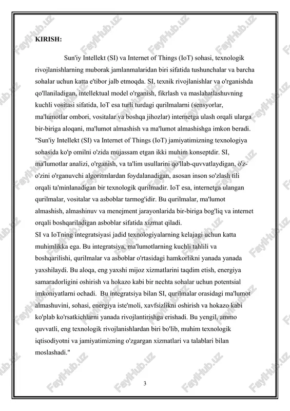 arga maxsus xizmatlar taklif etish, ularning talablari va istaklari bo'yicha ma'lumotlarni to'plash va aniqlashda yordam beradi. · proaktivlik: si, iot ma'lumotlarini o'rganib chiqarish orqali, ustuvor tahlil va proqnozlashda yordam beradi. bu, iot asboblarining zamonaviy xizmatlarni taklif etish, xizmat ko'rsatish va muvozanatini yaxshilashga imkon beradi. bular sining iot qurilmalariga ta'siri bilan, ma'lumotlarining tahlili, boshqarilishi, mijozlarga xizmat ko'rsatishi va yangi texnologik rivojlanishlarga olib keladi. 2. xavfsizlik va maxfiylik: si va iot orqali ma'lumotlarning xavfsizligi va maxfiylikni ta'minlash uchun qanday chora-tadbirlar amalga oshirilmoqda sun'iy intellekt (si) va internet of things (iot) orqali ma'lumotlarning xavfsizligini va maxfiylikni ta'minlash uchun quyidagi chora-tadbirlar amalga oshirilmoqda: shifrlash va maxfiylik: · ma'lumotlar shifrlanadi: iot asboblaridan kelgan ma'lumotlar shifrlanadi, bu ma'lumotlarga hech kimsa bo'lmagan holda kirish mumkinligini cheklash uchun. · maxfiylik sohasida texnologik yondashuvlar: si, iot tarmog'ida maxfiylik va xavfsizlikni ta'minlashda yengil texnologiyalar va yondashuvlar taklif etadi. atakalar va kiritishlar monitoringi: · aniq o'rganish: si va iot orqali, sistemandagi …