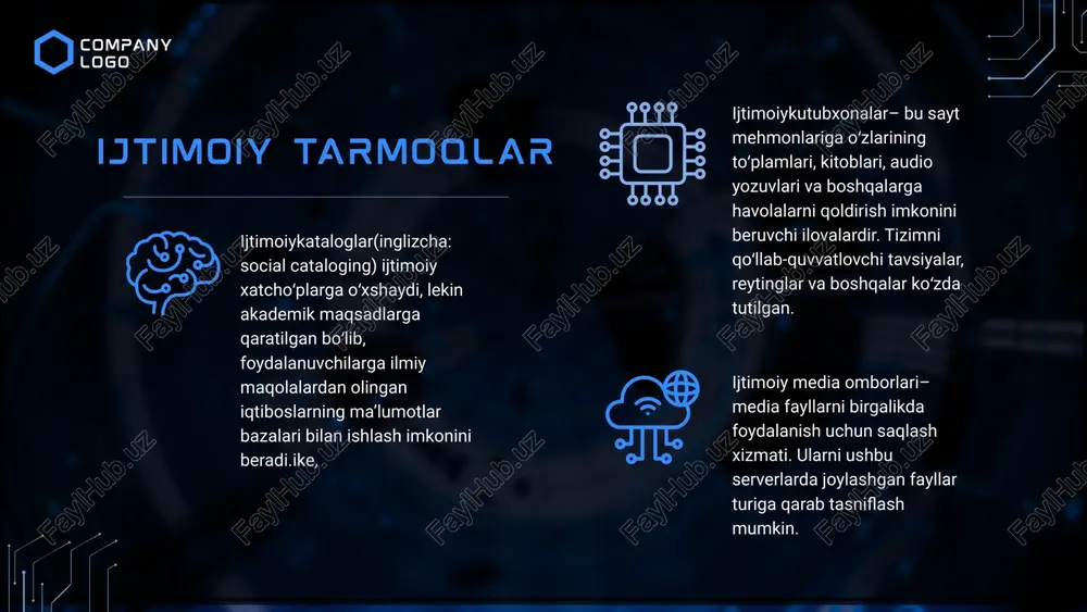 lanuvchilar bilan aloqalarini oʻrnatish imkonini bergan. keyinchalik, 2004-yilda mark sukerberg tomonidan asos solingan facebook ijtimoiy tarmoqlar rivojlanishida katta rol oʻynadi va dunyoda mashhur boʻlib ketdi. company logo øfacebook asoschisi: mark zuckerberg (2004-yilda tashkil etilgan) axborottarqatishusullari: postlar (matn, rasm, video); “facebook pages” — tashkilotlar va oav uchun sahifalar; “groups” — qiziqishlar bo‘yicha guruhlar; “live” efirlar orqali bevosita jonli axborot yetkazish. afzalligi: axborotni tez tarqatish imkoniyati, keng auditoriyaga ega øx (sobiq twitter) asoschisi: jack dorsey (2006-yilda). axborottarqatishxususiyati: 280 belgigacha qisqa matnli postlar; hashtag (#) orqali mavzularni tez topish; siyosiy, ijtimoiy va madaniy yangiliklarni birinchi bo‘lib e’lon qilish joyi. afzalligi: tezkor axborot oqimi, jurnalistlar va siyosatchilar uchun muhim manba. shu kabi you tube , instagram , tiktok , linkedln, telegram va boshqalar kiradi ular asosan ma’lumot ulashish suhbatlashish axborotni bir joydan boshqa joyga tezroq ulashish uchun shug’ullanadi facebook & x (twitter) company logo company logo maqolalar: ijtimoiy tarmoqlardan foydalanish xavfi mavzusi turli ilmiy …