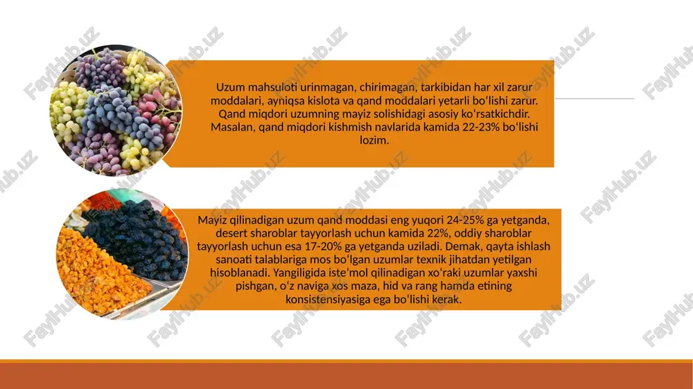 sultoni, rizamat, nimrang va kishmish navlari quritiladi. objo‘sh usulni afzalligi shundan iboratki, ishqorli qaynoq suvga botirib olingandan keyin uzum ustida mayda yoriqlar paydo bo‘ladi, ustidan g‘ubori ketadi. bu esa uzumni qurish muddatini 3-4 marotaba qisqartiradi. mayiz chiqishi birmuncha qulaydir. quritishdan oldin uzum navlariga ajratilib, 2-3 kg lik g‘alvirlarga solinib 0,3-0,4% li qaynoq ishqorga 6-8 soniya muddatga botirib olinadi. har 100 litr suvga 300-400 gramm ishqor solinib, suv 7-8 daqiqa qaynagandan keyin g‘alvirlardagi uzumlarni botirib olish tavsiya etiladi. objo‘sh usuli: agar uzumda yoriqchalar paydo bo‘lmasa, biroz ko‘proq muddat (11-12 soniya) ushlash mumkin yoki qo‘shiladigan ishqor konsentratsiyasini biroz oshirish kerak va uzum juda ezilib ketadigan bo‘lsa biroz suv qo‘shish mumkin. hajmi 200 litrli qozonga ko‘pi bilan 1000 kg uzumni botirib olish tavsiya qilinadi. keyin esa eritma almashtirilishi lozim. quritish 6-12 kun davom etib, har 2-3 kun o‘tganda uzum boshlari ag‘darilib turiladi. bu usulda uzum quritilganda standart bo‘yicha 26-30% mayiz olish mumkin. uzum …