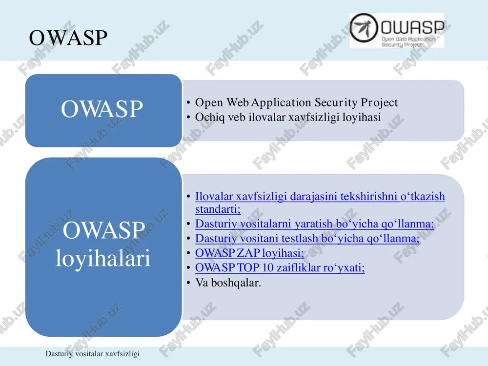 ://example.com/app/accountinfo?acct=notmyacct https://example.com/app/getappinfo https://example.com/app/admin_getappinfo a02:2021 – dasturiy vositalar xavfsizligi cryptographic failures – kriptografik himoyani buzilishi • dastlab ma’lumotni uzatish va saqlashda himoyani aniqlash shart. – masalan, parollar, kredit karta raqamlari, tibbiy ma’lumotlar, shaxsiy va biznesga oid ma’lumotlar qo‘shimcha himoyani talab qiladi. • ushbu turdagi barcha ma’lumotlar uchun: – ularni ochiq ko‘rinishda uzatilmaganligi? http, smtp, ftp kabi protokollar yordamida uzatilmaganligiga? – shifrlar eski yoki zaifmi yoki protokol joriyligicha qolganmi? – joriy kriptografik kalit ishlatilyaptimi? foydalanilgan kalit generatori zaifmi? – shifrlash foydalanilmaganmi, http protokoli ishlatilganmi? – server sertifikat to‘g‘ri tekshirilganmi? – kabi savollarga javob berish kerak. a02:2021 – cryptographic failures – kriptografik himoyani buzilishi himoya: ilova tomonidan ishlangan, saqlangan va uzatilgan ma’lumotni klassifikatsiyalash; keraksiz maxfiy ma’lumotni saqlamaslik; saqlashda barcha ma’lumotlar shifrlanganini kafolatlash; barcha ma’lumotlarni himoyalangan kanalda uzatish, masalan, ssl, tls protokollarida; foydalanilgan algoritmlarni yangilanganligiga va bardoshli ekanligiga ishonch hosil qilish; parollarni bardoshli xesh algoritmlari yordamida “tuz” bilan xeshlangan ko‘rinishda saqlash; har doim shunchaki …