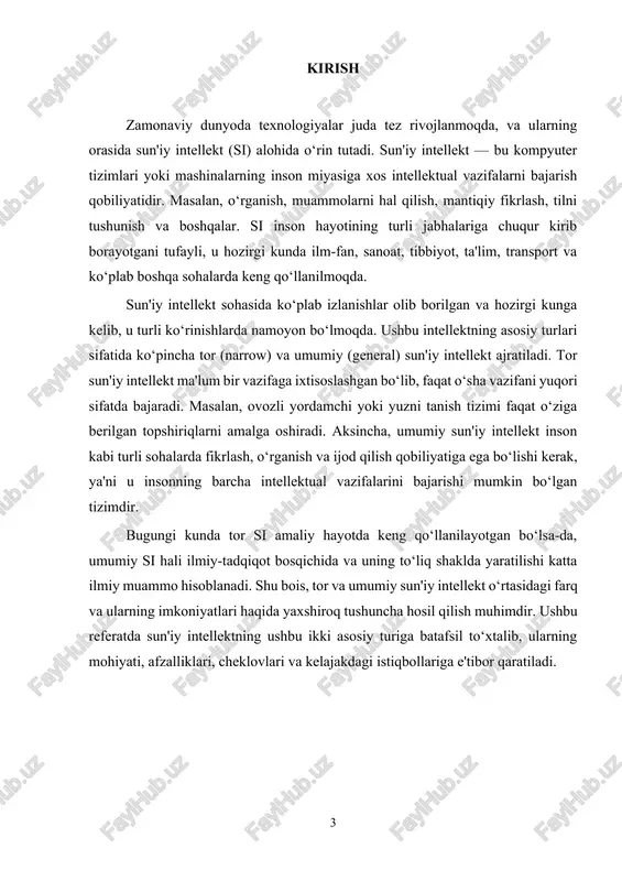 nadi. ushbu mezonga ko‘ra, sun'iy intellekt asosan uch turga bo‘linadi: tor sun'iy intellekt, umumiy sun'iy intellekt va superintellekt. tor (narrow) sun'iy intellekt (ani): tor si faqat bitta yoki cheklangan ko‘lamdagi vazifalarni bajarishga qodir. u insonning ayrim aqliy funksiyalarini, masalan, tilni qayta ishlash, yuzni tanish, tavsiya berish tizimlari kabi aniq sohalarda yuqori samaradorlik bilan ishlaydi. ammo tor si o‘z doirasidan chiqib, yangi va turli vazifalarni bajarish imkoniyatiga ega emas. bugungi kundagi ko‘pchilik amaliy sun'iy intellekt tizimlari aynan tor siga kiradi. umumiy (general) sun'iy intellekt (agi): umumiy si inson aqlining keng ko‘lamli vazifalarini bajarishga qodir bo‘lgan tizimdir. bu turdagi sun'iy intellekt o‘rganish, mantiqiy fikrlash, muammolarni hal qilish va ijodiy faoliyat kabi inson intellektining barcha jihatlarini o‘z ichiga oladi. agi inson kabi har xil vazifalarni bajarishi mumkin va yangi vazifalarga moslashishda yuqori darajada erkinlikka ega. hozirgi kunda agi faqat ilmiy va nazariy tadqiqotlar darajasida, uning to‘liq ishlaydigan modelini yaratish hali amalga oshmagan. superintellekt …