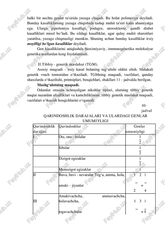 ipik namoyon bo’lishi asos qilib olinadi. masalan: aminokislotalar, uglevodlar, lipidlar, nuklein kislotalari, minerallar almashinishi buzilishi natijasida kelib chiqadigan gen kasalliklari tafovut qilinadi. jumladan aminokislotalar almashinuvi buzilishiga fenilketonuriyani misol qilib keltirish mumkin. u autosomali retsessiv tipda nasldan - naslga o'tadi. fenilalanin aminokislotasini parchalovchi fermentning yetishmasligiga olib keluvchi gen mutatsiyasi natijasida kelib chiqadi. fenilalanin parchalanmasdan fenilpirouzum kislotasiga aylanadi, qonda to‘planadi va siydik bilan ajratiladi. miyaning nerv hujayralariga zaharli ta'sir ko‘rsatadi. bu kasallikni aniqlashning ekspress usuli yaxshi yo‘lga qo‘yilgan. bu kasallik aniqlangandan keyin, bolaga 4-5 yoshgacha tarkibida fenilalanin juda kam bo‘lgan ovqat beriladi. gemofiliya, daltonizm, o‘roqsimon hujayrali kamqonlik, sindaktiliya, polidaktiliya, anoftal'miya, galaktozemiya, fruktozuriya kasalliklari gen mutatsiyalari natijasida kelib chiqishi aniqlangan. ba'zi kasalliklar bir emas, balki bir nechta genlar ta'sirida yuzaga chiqadi. bu holat polimeriya deyiladi. bunday kasalliklarning yuzaga chiqishida tashqi muhit ta'siri katta ahamiyatga ega. ularga gipertoniya kasalligi, podagra, ateroskleroz, qandli diabet kasalliklari misol bo‘ladi. bu xildagi kasalliklar, agar qulay muhit sharoitlari yaratilsa, …