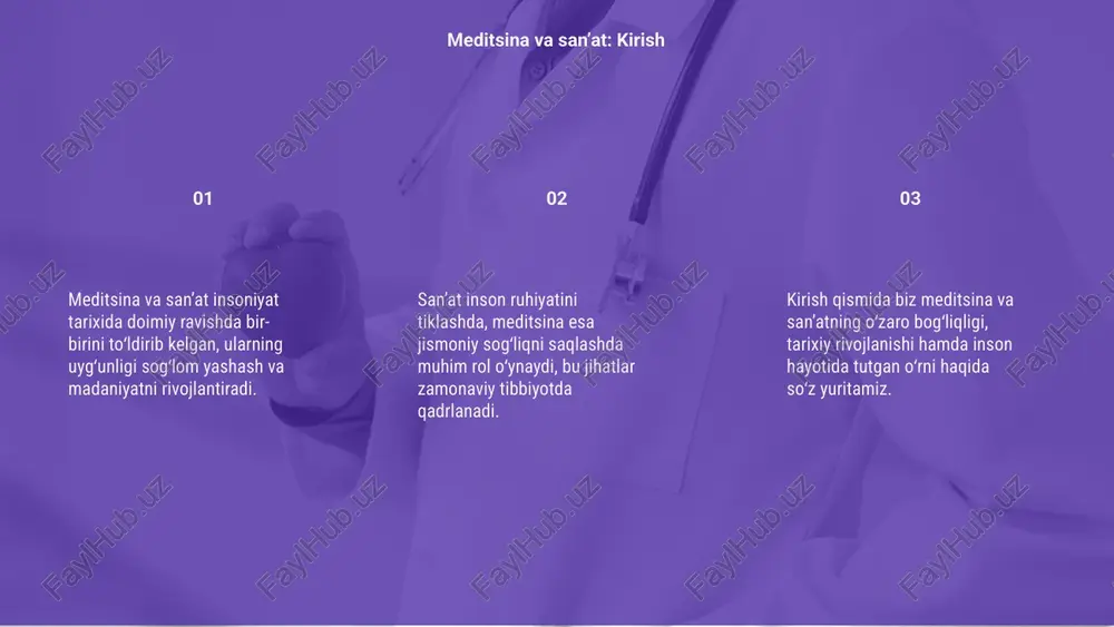 ga katta hissa qo‘shadi. shuningdek, raqamli san’at va virtual reallik orqali shifokorlar o‘quv mashg‘ulotlarini olib borib, yangi bilim va ko‘nikmalarni samarali egallashadi. kelajakda meditsina va san’at integratsiyasi e’tiboringiz uchun rahmat image1.png image2.png image3.png image4.gif image5.png image6.png image11.png