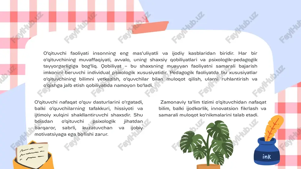 a’minlaydi. masalan, nutqiy qobiliyat yuqori bo‘lgan o‘qituvchi o‘z fikrini aniq, tushunarli va ta’sirchan tarzda yetkazib, o‘quvchilar diqqatini jalb qila oladi. kommunikativ qobiliyat esa o‘quvchi bilan o‘zaro hurmat, ishonch va samimiylik asosida muloqot o‘rnatishga yordam beradi. o‘qituvchi o‘quvchining qiziqishlari, ehtiyojlari va psixologik holatini to‘g‘ri baholay olsa, u holda ta’lim jarayoni yanada samarali kechadi. bunday o‘qituvchilar o‘quvchilarga individual yondashadi, ularning imkoniyatlarini inobatga oladi va o‘z uslubini shunga mos ravishda o‘zgartira oladi. shu boisdan o‘qituvchining kasbiy mahoratida moslashuvchanlik, kreativ yondashuv va muammoni hal etish ko‘nikmalari muhim ahamiyatga ega. kasbiy mahoratning yuksak darajasi o‘qituvchining o‘z ustida muntazam ishlashi, tajriba almashishi va o‘z faoliyatini tahlil qilishiga bog‘liq. har bir dars o‘qituvchining o‘z qobiliyatini amaliyotda sinovdan o‘tkazish imkoniyatidir. shu sababli har bir o‘qituvchi o‘z kasbiy rivojlanishini to‘xtatmasligi, yangi pedagogik texnologiyalarni o‘rganishi va zamonaviy metodlarni qo‘llashi zarur. o‘qituvchi bilan o‘quvchi o‘rtasidagi o‘zaro hurmat va ishonch muhitida haqiqiy ta’lim samarasi yuzaga chiqadi. o‘quvchi o‘qituvchining ijobiy xulq-atvoridan, so‘zidan, munosabatidan …
