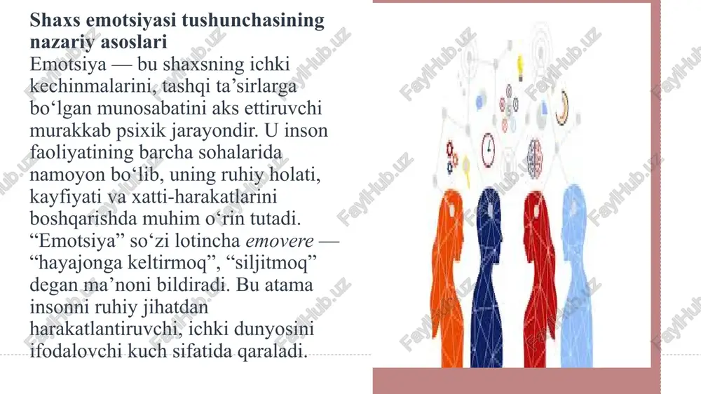 organizmning ichki va tashqi muhitdagi o‘zgarishlarga moslashuvini ta’minlaydi. 9 emotsiyalarni yuzaga keltiruvchi yana bir muhim omil — bu avtonom nerv tizimi faoliyatidir. u yurak urishi, qon bosimi, nafas olish tezligi va teri reaksiyalarini boshqaradi. masalan, inson hayajonlanganda yoki qo‘rqanda yurak urishi tezlashadi, nafas chuqurlashadi, mushaklar taranglashadi — bu holatlar emotsiyaning jismoniy ifodasidir. emotsiyalarning paydo bo‘lish mexanizmi uch bosqichda kechadi: idrok va baholash bosqichi — inson tashqi yoki ichki omillarni sezadi va ularni ongli yoki ongsiz tarzda baholaydi. fiziologik reaksiyalar bosqichi — baholangan holatga nisbatan markaziy va periferik nerv tizimi orqali jismoniy o‘zgarishlar ro‘y beradi. emotsional ifoda bosqichi — yuz mimikasi, tana harakati, ovoz ohangi orqali emotsiya tashqi tomondan ifodalanadi. emotsiyalar ehtiyojlar bilan bevosita bog‘liq. inson ehtiyoji qondirilganda ijobiy emotsiyalar (quvonch, mamnunlik), qondirilmaganda esa salbiy emotsiyalar (g‘azab, qayg‘u, hafsalasi pir bo‘lish) yuzaga keladi. shu orqali emotsiyalar shaxs faoliyatini rag‘batlantiruvchi yoki tormozlovchi mexanizm sifatida ishlaydi. rivojlanish nuqtayi nazaridan, emotsiyalar inson hayotining ilk …