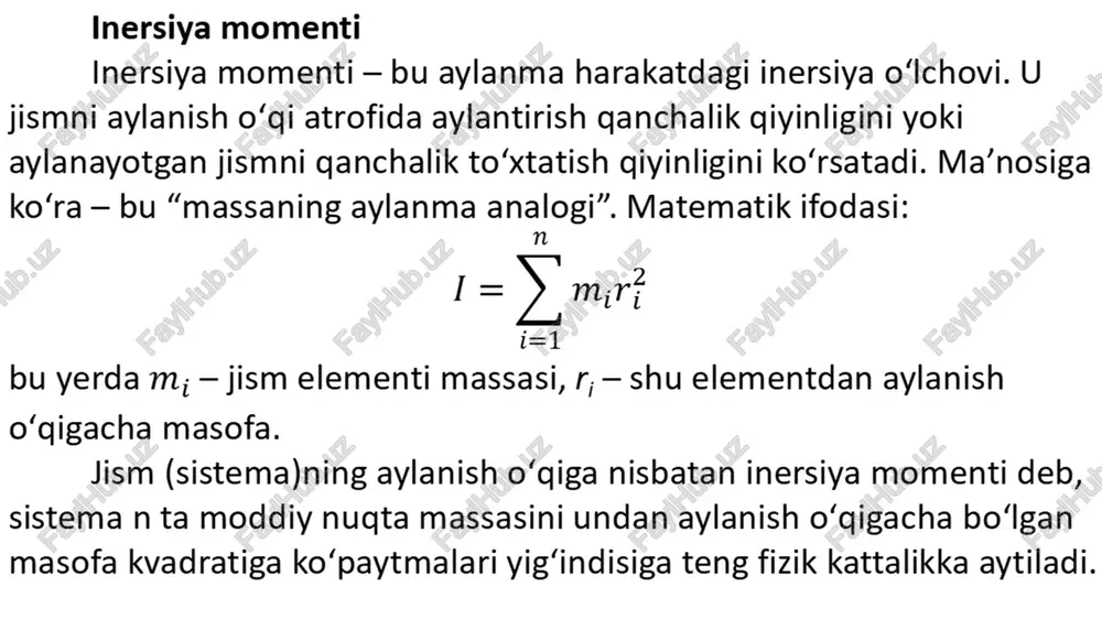 yoʻldosh (sputnik)larni boshqarishga kerak (maxoviklar reaksiyasi) 2) yulduzlar aylanishini va neytron yulduzlar hosil boʻlishini oʻrganishga kerak 3) giroskop prinsipi (shu qonunga asoslangan) 4) kvant fizikasida moment kvantlanishini aniqlash uchun kerak. kiberxavfsizlik universiteti talabalariga mos misollar: a) kompyuterning qattiq diski (hdd). bu disk yuqori tezlikda aylanadi. qarshilikning tashqi momentlari boʻlganida (vakuum, yaxshi moylangan) uning harakat miqdori l=iω saqlanadi. bunga qonun qanday ishlatiladi? − agar balanslanish buzilsa, masalan, golovka zararlansa yoki zarba ta’sir qilsa, u holda tashqi kuchlar harakat miqdori momentini oʻzgartiradi, natijada vibratsiya boshlanadi yoki oʻqishda uzilishlar boʻladi. b) smartfon va dronlarda giroskopik sensorlar. tashqi moment boʻlmagan yopiq sistemada (masalan, dron ichida yoki telefonda) rotor holatining oʻzgarishi burchak moment oriyentatsiyasi oʻzgarishi hisobiga fiksatsiya qilinadi (aniqlanadi). bu ma’lumotlar kiberxavfsizlik sistemalarida jismoniy aralashuvni (masalan, side-channel orqali hujum qilganda) aniqlash uchun ishlatiladi. kvant kompyuterlari va spinli momentlar. tashqi muhit bilan oʻzaro ta’sir boʻlmaganida spin saqlanadi. bu kvant holatining stabilligini ta’minlaydi – bu himoya qilingan …