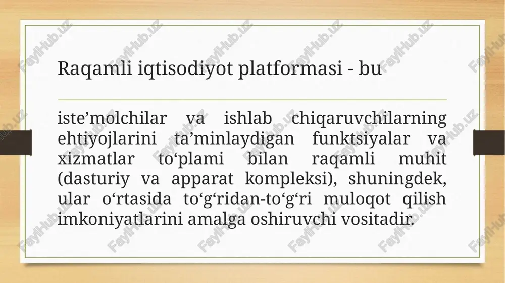 biznes jarayonini avtomatlashtirish doirasida bir qator texnologiyalardan foydalanishni yig‘ish); - iste’molchiga mahsulot, xizmatni taqdim etishdan biznes samarasini olish (iqtisodiyot subyektlari o‘rtasida iqtisodiy bitim doirasida bir qator alohida avtomatlashtirilgan biznes-jarayonlarni qo‘llashni birlashtirish). 2. raqamli platformalarning asosiy turlari va ularning tasnifi bugungi kunda raqamli platformaning uchta (asosiy) turi mavjud bo‘lib. bular quyidagilardan iboratdir: 1. instrumental raqamli platforma. 2. infratuzilma raqamli platformasi. 3. amaliy raqamli platforma. 1. instrumental raqamli platforma. raqamli platforma, dasturiy ta’minot yoki ishlab chiqarish uchun mo‘ljallangan kompleks (mahsulot) dastur uchun dasturiy va apparat yechimlari beradi. dasturiy ta’minot yoki dasturiy-apparat yechimlarini ishlab chiqishni tezlashtirish oldindan belgilangan namunaviy ma’lumotlarni taqdim etish orqali axborotni qayta ishlash, uchidan uchigacha asoslangan axborotni qayta ishlash uchun funksiyalar va interfeyslar ma’lumotlar bilan ishlash texnologiyalari, shuningdek, dasturiy ta’minot yoki dasturiy-apparat vositalarini ishlab chiqish va disk raskadrovka qilish vositalari. 2. infratuzilma raqamli platformasi. axborotlashtirish bozori ishtirokchilarining ekotizimiga asoslangan raqamli platforma, uning maqsadi bozorni tezlashtirish va iqtisodiy sohadagi iste’molchilarga o‘zlarining …