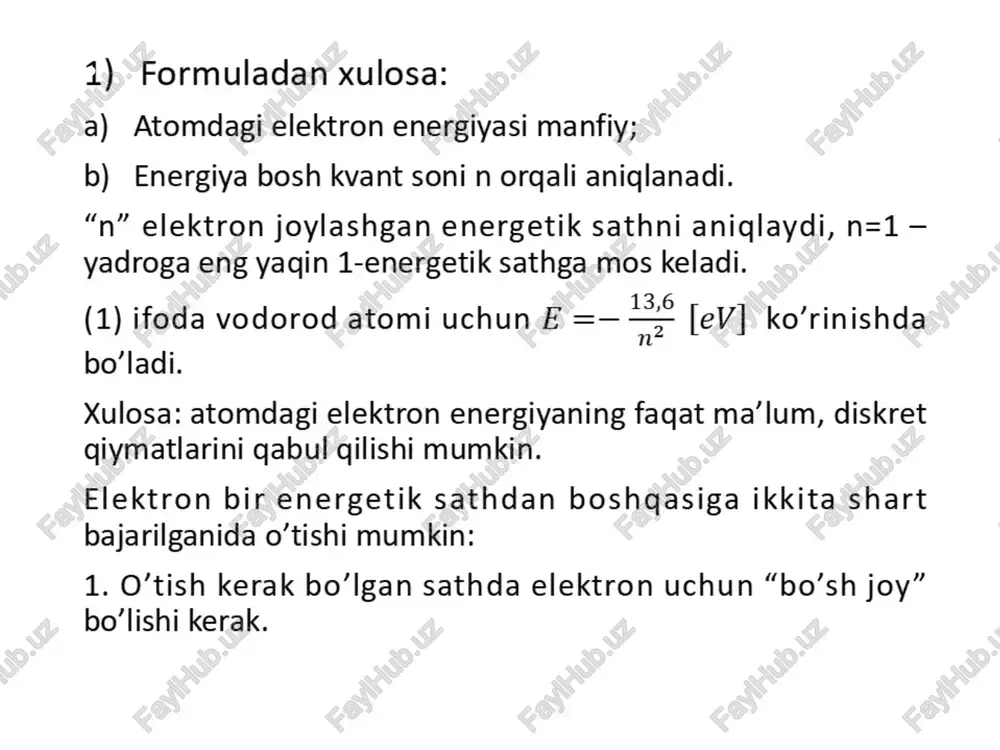 n va bog‘lanishni adolatli (to’g’ri) deb hisoblash mumkin. o’tkazuvchanlik zonasidagi elektron energiyasining to’lqin vektoriga bog’liqligi valent zonadagi elektron energiyasining to’lqin vektoriga bog’liqligi xuddi shu mulohaza (fikr) larni valent zona uchun ham aytish mumkin. u holda mana bunday bo’ladi; xulosa: valent zonani ham brillyen zonalarining to’plami deb ko’rish mumkin. brillyen birinchi zonasidan foydalanib, yarimo’tkazgich zona strukturasini mana bu rasmdagidek tasavvur qilish mumkin. ni hisobga olgandagi zona strukturasi xulosa: ta’qiqlangan zona ikkita parabolik egri chiziqlar ekstremumlari oraqidagi oraliqdan iborat. biz zona strukturasini faqat bitta holi uchun ko’rdik, ya’ni impuls x o’qi bo’ylab yo’nalgan holni ko’rdik. umuman olganda impuls ixtiyoriy yo’nalish bo’yicha yo’nalishi mumkin. agar impuls boshqa qandaydir o’q bo’yicha yo’nalgan bo’lsa nima o’zgaradi? kristall davriyligi o’zgarib, a emas, a1 bo’lib qoladi. natijada egri chiziq xarakteri turli yo’nalishlarda turlicha bo’ladi. qulaylik uchun o’qni u yoki bu kristallografik tekisliklarga mos tushuvchi qilib tanlab olinadi. masalan, [111], [100], [110]… turli kristallarda ruxsat etilgan zonalar turli …