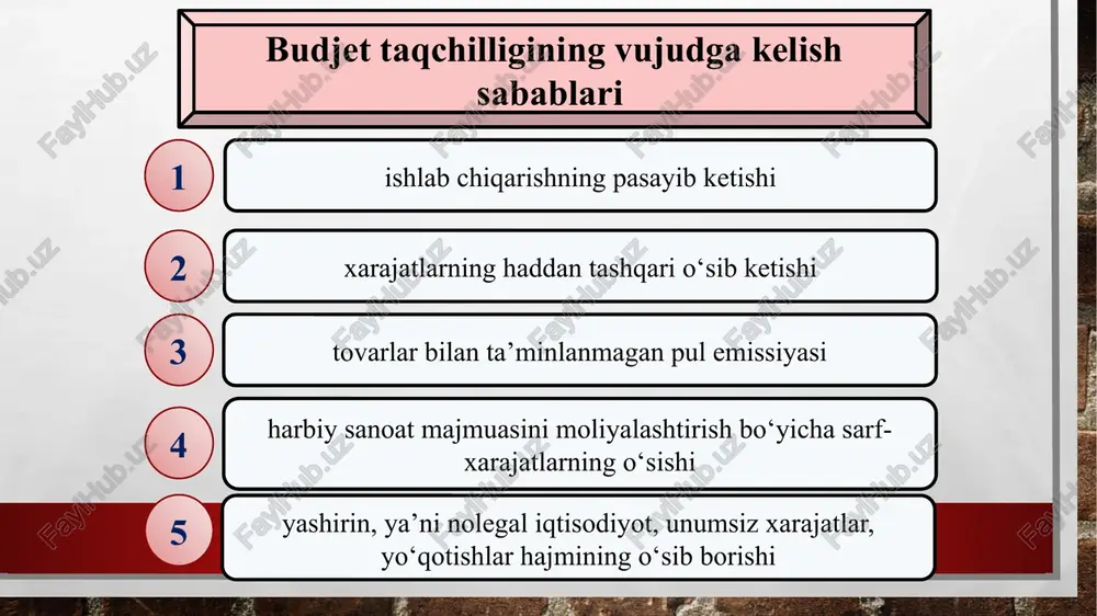 dga kelgan o‘zbekiston respublikasi majburiyatlarining yig’indisidir. joylashtirilish joyiga qarab davlatning qarzlari davlat ichki qarzlari davlatning tashqi qarzlari davlat tomonidan ichki va tashqi qarzlarni jalb qilish maqsadlari iqtisodiyotni rivojlantirishning ustuvor yo’nalish-larini, shu jumladan, davlat investitsiya dasturlarini moliyalashtirish davlat byudjetining daromadlari bilan xarajatlari o’rtasidagi tushumlar vaqtga ko’ra muvofiq emasligi tufayli kelib chiqqan yillik ichki farqni to’g’rilash mavjud qarzlarni qayta moliyalashtirish byudjet defitsitini moliyalashtirish tabiiy ofat va boshqa favqulodda vaziyatlar tufayli mablag’larga bo’lgan ehtiyojlarni qoplash 1 2 3 5 4 davlat tomonidan ichki va tashqi qarz mablag’larini jalb qilish usullari qisqa muddatli, o’rta muddatli va uzoq muddatli davlat g’aznachilik qog’ozlari kreditlar (qisqa, o’rta va uzoq muddatli) o‘zbekiston respublikasining kafolatlari budjet daromadlari va xarajatlari o’rtasidagi vaqtinchalik farqni qoplash uchun qisqa muddatli ssudalar boshqalar qarz mablag’lari quyidagi yo’llar orqali amalga oshiriladi qarziy qimmatli qog’ozlarni joylashtirish ixtisoslashtirilgan moliya-kredit institutlaridan kreditlar olish agar tashqi qarz bo‘yicha to‘lovlar mamlakatning tovar va xizmatlar eksportidan keladigan tushumning 20-25 foizidan oshib …