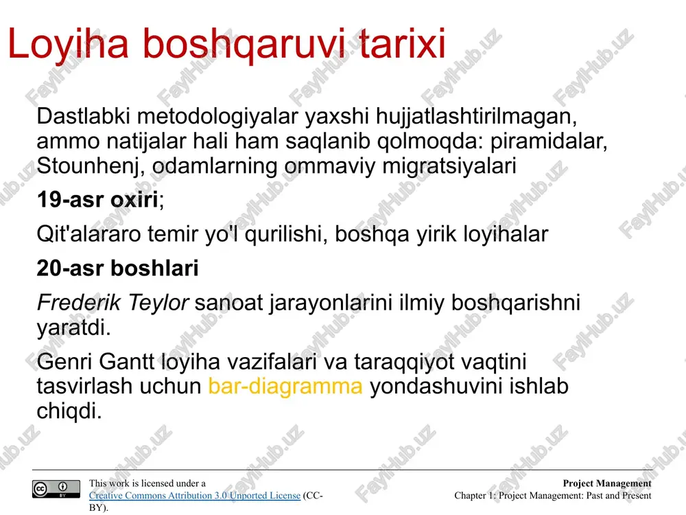 osqichida qo'shimcha manfaatdor tomonlar aniqlanishi mumkin har bir manfaatdor tomonlar guruhi bilan muloqot formati va chastotasi haqida batafsil rejalar tuziladi manfaatdor tomonlar va loyiha o'rtasidagi munosabatlarni kuzatish va nazorat qilish uchun ishlatilishi mumkin bo'lgan vositalar ‹#›/24 pert (dasturni baholash va ko'rib chiqish texnikasi) va cpm (kritik yo'l usuli) loyihalarni rejalashtirish va nazorat qilish uchun ishlatiladigan reprezentativ usul.vaqt, xarajat va resurslar mavjudligini alohida yoki birgalikda hal qilish. vaqt, xarajat va resurslar mavjudligini alohida yoki birgalikda hal qilish. pert-cpm ning afzalliklari mehnat faoliyatini grafik tarzda ifodalash mumkin loyihani yakunlash vaqtini baholash qaysi vazifalar loyihani yakunlashga eng muhim ta'sir ko'rsatishini aniqlash loyihani kechiktirmasdan keyinga qoldirilishi mumkin bo'lgan vazifalarni aniqlash pert 1958 yilda aqsh dengiz flotining polaris yadroviy suv osti kemasi loyihasini rejalashtirish va nazorat qilish uchun ishlab chiqilgan. mehnat faoliyatini ehtimolli baholashga urg'u beradi cpm kimyoviy qayta ishlash zavodining qurilish rejasini muntazam ravishda ilgari surish uchun dupont tomonidan ishlab chiqilgan ‹#›/24 pert (dasturni …