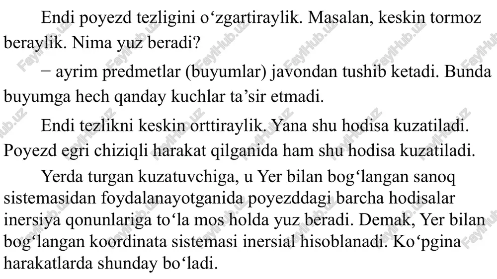 kuchlar ta’sir etsa, u holda bu kuchlarning har biri moddiy nuqtaga nyuton ii qonuniga asosan tezlanish beradi, bunda boshqa kuchlar bamisoli ta’sir etmayotgandek boʻladi. bu prinsipga koʻra kuchlarni va tezlanishni tarkibiy qismlarga ajratib yuborish mumkin. bu rasmda ta’sir etuvchi kuch 2 ta komponentaga ajratilgan: ft (urinma boʻyicha yoʻnalgan kuch) va fn (egrilik markaziga qarab yoʻnalgan normal tashkil etuvchi). larni bilgan holda quyidagilarni yoza olamiz: jismga koʻp kuchlar ta’sir etsa, deganda ularning natijalovchi kuchi tushuniladi. iii qonun: moddiy nuqtalarning bir-biriga ta’sir etayotgan kuchlari modullari boʻyicha har doim teng, qarama-qarshi yoʻnalgan va shu nuqtalarni tutashtiruvchi chiziq boʻylab yoʻnalgan: f12=-f21 bu yerda f12 – birinchi moddiy nuqtaga ikkinchi moddiy nuqta tomonidan ta’sir etayotgan kuch, f21 – 2-moddiy nuqtaga birinchining ta’sir kuchi. bu kuchlar turli moddiy nuqtalarga qoʻyilgan qoʻyilgan, har doim juft boʻlib ta’sir etadi va bir tabiatli kuch hisoblanadi. tabiatda kuchlar • ishqalanish kuchlari har qanday jism gorizontal tekislikda harakat qildirilsa u vaqt …