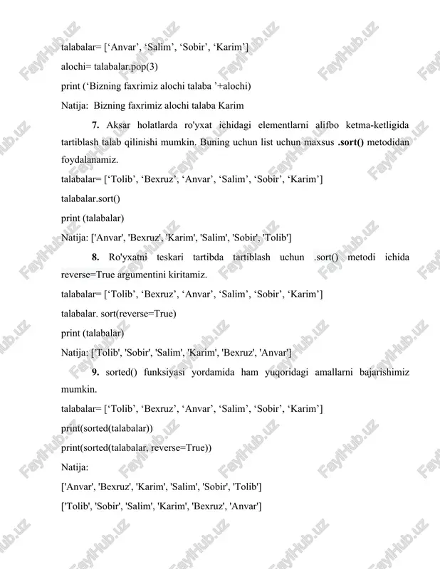 4, 5, 6, 7, 8, 9, 10, 11, 12, 13, 14] 13. range() funksiyasida qadamni ham ko’rsatishimiz mumkin. juft_sonlar=list(range(0,15,2)) toq_sonlar=list(range(1,15,2)) print(juft_sonlar) print(toq_sonlar) natija: [0, 2, 4, 6, 8, 10, 12, 14] [1, 3, 5, 7, 9, 11, 13] 14. pythonda ro'yxatdagi eng kichik sonni topish uchun min() funksiyasidan, eng katta sonni topish uchun esa max() funksiyasidan, sonlarning yig'indisini topish uchun esa sum() funksiyasidan foydalanish mumkin: sonlar= [45, 12, 7, 9, 74, 85, 97, 67] kat_sonlar=max(sonlar) # katta sonni toppish kich_sonlar=min(sonlar) # kichik sonni topish yig_sonlar=sum(sonlar) # sonlar yig’indisini toppish print (kat_sonlar) print (kich_sonlar) print (yig_sonlar) natija: 97 7 396 15. ba'zida ro'yxatning ma'lum bir bo'lagini ajratib olish talab qilinishi mumkin, masalan sonlar ro’yxatidan 4 ta elemetdan yangi ro’yxat tuzamiz. buning uchun boshlang’ich va oxirgi elemtlar oralig’ini indeksini ko’rsatamiz. sonlar= [45, 12, 7, 9, 74, 85, 97, 67] yan_sonlar=sonlar[2:6] print (yan_sonlar) natija: [7, 9, 74, 85] mustaqil bajarish uchun topshiriqlar masala …
