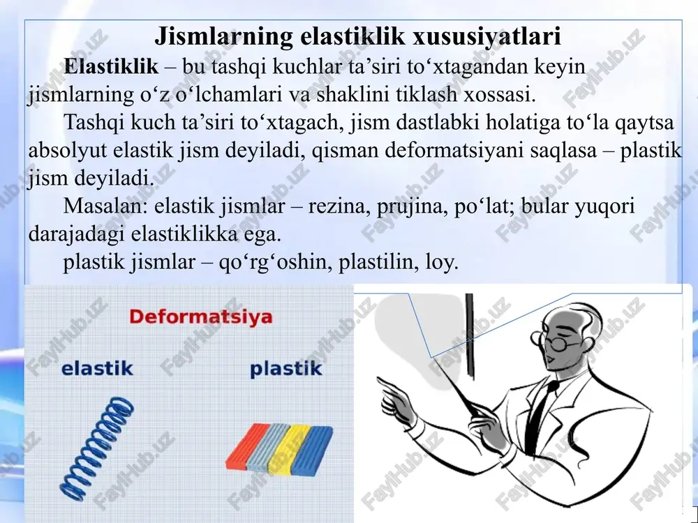 aytadi. shu sohada (oa da) guk qonuni ishlaydi. σe – elastiklik chegarasi, bundan keyin yuk orttirib borilsa (ab qism) deformatsiya hosil boʻladi, ya’ni yukni olib qoʻyilsa, namuna (poʻlat) boshlangʻich oʻlchamiga qaytmaydi. bc qismda – yuk qoʻyilmasa ham “oqish” sodir boʻladi, ya’ni namuna c nuqtagacha choʻzilib boradi (kuch yoʻq, lekin ortib boradi). c nuqtada oqish toʻxtaydi; endi namunani choʻzish uchun yana yuk qoʻyish kerak. d nuqtada namuna buzilishni boshlaydi. d nuqtani mustahkamlik chegarasi deyiladi. namuna buzilishi ma’lum vaqt davom etadi. namunada boʻyincha hosil boʻladi, boʻyin diametri kichiklashib boradi va nihoyat uziladi. mustahkamlik chegarasiga mos keluvchi kuch – buzuvchi yuk deyiladi. mexanik kuchlanish va deformatsiya yung moduli va puasson koeffitsiyenti. yung moduli (e): choʻzish yoki qisishga qarshilikni xarakterlaydi. poʻlat uchun . puasson koeffitsiyenti (ν) choʻzganda koʻndalang kesim qanday kamayishini koʻrsatadi: . elastik deformatsiya energiyasi jism deformatsiyalanganida elastiklik kuchi bajaradigan ish potensial energiya shaklida toʻplanadi: . bu energiya mexanik sistemalarda elastik osma (podves) …