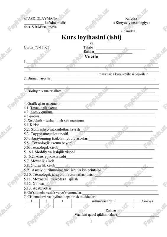 va loyihani topshirish muddatlari 1 2 3 tushuntirish xati ximoya rahbar _______________________ vazifani qabul qildim, talaba_______________________ mundarija bet 1. kirish…....................................................................................................4 2. xom - ashyo mahsulotlarining tavsifi...................................................6 3. tayyor mahsulot tavsifi..........................................................................9 4. jarayonning fizik - kimyoviy asoslari.................................................11 5. texnologik sxema bayoni..........................................................................13 6. texnologik hisob.......................................................................................16 7. gidravlik xisob..........................................................................................25 8. asosiy qurulma bayoni.............................................................................26 9. mehnatni va atrof muhitni muhofaza qilish.....................................32 10. xulosa…...................................................................................................34 11. adabiyotlar...............................................................................................36 1. kirish insoniyat qancha rivojlanib bormasin sifatli oziq-ovqatga bo’lgan talab kuchayib boraveradi. shu boisdan qishloq ho’jaligini izchil va xar tomonlama intesivlashda kimyolashtirish aloxida axamiyat kasb etadi. xususan, mamlakatimizda mineral o’g’itlar ishlab chiqarishga alohida ehtibor qaratilgan. masalan, 2019 yili o’zbekiston prezidenti shavkat mirziyoev “navoiyazot” aksiyadorlik jamiyatida barpo etilayotgan yangi korxonalar qurilishini borib ko’rdi. “navoiyazot” aj qariyb 9 ming ishchi-muxandis mehnat qiladigan, 70 dan ortiq noyob mahsulot ishlab chiqaradigan ulkan korxonadir. uni modernizatsiya qilish, quvvatini kengaytirish maqsadida uchta yirik investitsion loyiha rejalashtirilga