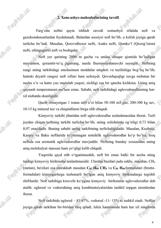 ridan farq qiladi, lekin hammasida ham har xil miqdorda 5 to’yingan, atsiklik hamda aromatik uglevodorodlar bo’ladi. neftlar tarkibiga qattiq, suyuq va gazsimon uglevodorodlar kiradi. neftlar asosan parafinli neftlar (tarkibida asosan suyuq uglevodorodlar bo’ladi) va asfaltli (tarkibida qattiq uglevodorodlar bor) neftlarga bo’linadi. neftlar tarkibida uglevodorodlardan tashqari kislorodli, oltingugurtli va azotli birikmalar ham bo’ladi. neftning paydo bo‘lishi haqida bir qancha gipotezalar mavjud bo‘lib, hozirga qadar ulardan birortasi tasdiqlanmagan. ba'zi olimlar neft metall karbidga (metallarning uglevodorodli birikmalariga) suv ta'sir etishdan paydo bo‘lgan deb taxmin qilsa, boshqa olimlar esa neft er ostida qolib ketgan o‘simlik va hayvonlarning chirishidan hosil bo‘lgan deb taxmin qiladilar. farg’ona nqz da neft xomashyosi avt blokiga berilishidan oldin elou qurilmasida demulgatorlar(“diproksamin” 0.8-1.0 % li va “dissolvan-359” 5.0 % dan yuqori emas) ta’sirida suvsizlantirilib, elektr toki ta’sirida tuzsizlantiriladi. tuzsizlantirilgan neft kolonnaga berilayotganda muhitni saqlash (ph 6.5-7.5) hisobiga korroziyani oldini olish uchun kalsinirlangan soda eritmasi (1.0-2.0 %) va korroziyadan himoyalash uchun ammiak …