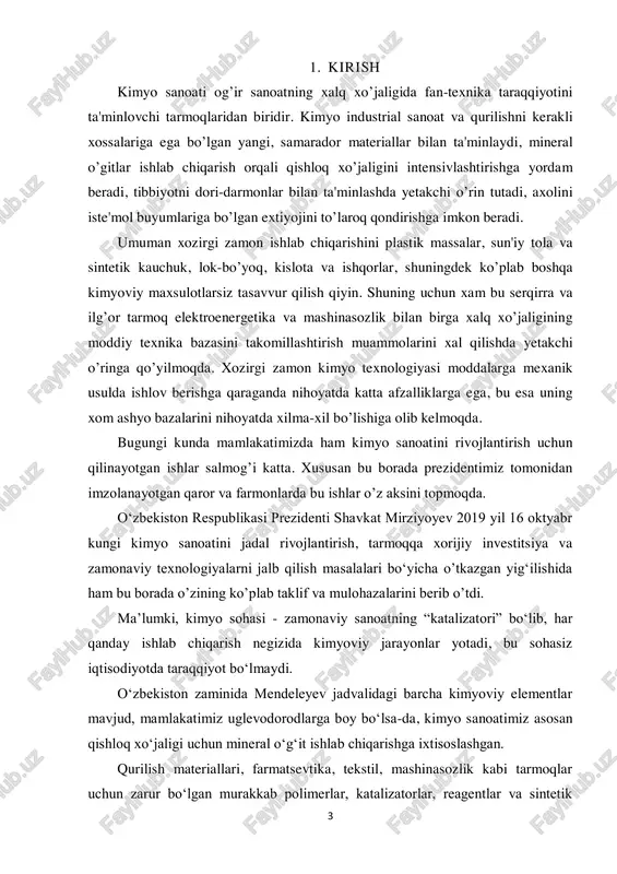 gan. buning oqibatida har yili 1,5 milliard dollarlik kimyo mahsulotlari import qilinmoqda. ishlab chiqarilayotgan fosfor va kaliyli mineral o‘g‘itlar ham mavjud talabning faqat uchdan birini qoplaydi, xolos. murakkab mineral o‘g‘itlar ishlab chiqarish quvvatlari 60-70 foizga eskirgani energiya resurslarining ortiqcha sarflanishi, kimyo mahsulotlari tannarxining asossiz oshishiga olib kelmoqda. o‘tgan yildan boshlab, mineral o‘g‘itga talabni qondirish uchun 3,1 milliard dollarlik 17 ta investitsiya loyihasi amalga oshirila boshlandi. bundan tashqari, kimyo sanoati mahsulotlarini diversifikatsiya qilish maqsadida 2025 yilgacha 4,2 milliard dollarlik yana 17 ta loyiha hayotga tatbiq etiladi. shuning uchun, kimyo tarmog‘iga xorijiy investitsiya va zamonaviy texnologiyalarni jalb qilish, mahsulot hajmi va turini ko‘paytirish, sohaning eksport salohiyatini oshirish “o‘zkimyosanoat” aksiyadorlik jamiyatining muhim va ustuvor vazifasi bo‘lishi zarur. ta’kidlanganidek, tarmoqni rivojlantirish uchun yangi zamonaviy ishlab chiqarish quvvatlarini ishga tushirish zarur. bugungi kunda mamlakatimizda azotli o‘g‘itlarga talab 73 foiz, fosforli o‘g‘itlarga - 20 foiz ta’minlanmoqda. azotli o‘g‘it ishlab chiqarish quvvatlarining o‘rtacha eskirish darajasi 64 foizni, …