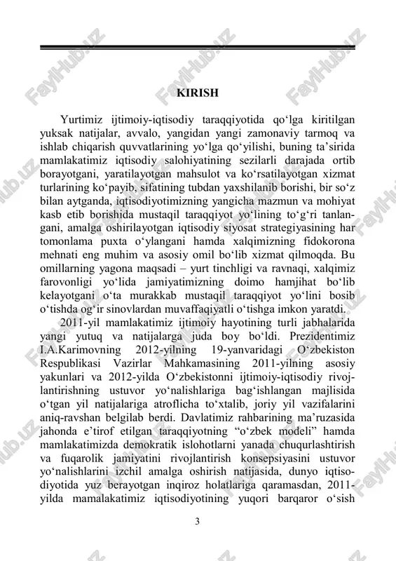 a oliy ta’limgacha bo‘lgan bo‘g‘inlarda chuqur bilim va puxta kasb-hunar tayyorgarligiga ega bo‘lgan yosh avlodni tarbiyalash jarayonini o‘z ichiga olgan yaxlit uzluksiz ta’lim tizimini shakllantirish ishlari izchil davom ettirildi. o‘zbekistonda ta’lim respublika ijtimoiy-iqtisodiy, g‘oyaviy- madaniy hayotining eng muhim yo‘nalishidir. ta’limning huquqiy asoslari mamlakatimiz konstitutsiyasi, “ta’lim to‘g‘risida”gi qonun va kadrlar tayyorlash milliy dasturida o‘z aksini topgan. o‘zbekiston respublikasi prezidentining 2011-yil 20-mayda “oliy ta’lim muassasalarining moddiy-texnik bazasini mustah- kamlash va yuqori malakali mutaxassislar tayyorlash sifatini tubdan yaxshilash chora-tadbirlari to‘g‘risida”gi qarori qabul qilindi va u o‘z mohiyatiga ko‘ra, oliy ta’lim tizimidagi islohot- larning yangi bosqichini boshlab berdi. bu qaror oliy ta’lim muassasalarining moddiy-texnik bazasini mustahkamlash va modernizatsiya qilish, ularni zamonaviy o‘quv va ilmiy-labora- toriya jihozlari bilan ta’minlash, ta’lim standartlarini takomil- lashtirish hisobidan ta’lim jarayonini sifat jihatdan yangi bosqichga ko‘tarish, ilg‘or pedagogik texnologiyalar va o‘qitish shakllarini joriy etish sifatini tubdan yaxshilashga qaratilgan. respublikamizda avtomobillar ishlab chiqarish joriy etilgan- ligi va mamlakatimizda avtomobillarning soni yildan-yilga …