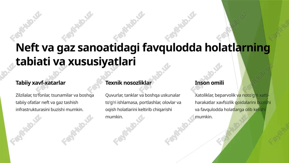 ba almashish muhim. 9 neft va gaz tashish xavfsizligini oshirish uchun takliflar va rekomendatsiyalar 1 xavfsizlik madaniyati xavfsizlik madaniyatini shakllantirish va xodimlarda xavfsizlikga e'tiborni oshirish. 2 texnologiyalar yangi texnologiyalarni joriy qilish va innovatsion yechimlarni qo'llash. 3 nazorat va audit tashish jarayonlarini muntazam ravishda nazorat qilish va auditlar o'tkazish. 4 hamkorlik davlat organlari, sanoat va jamoatchilik o'rtasida hamkorlikni kuchaytirish. 10 xulosa va tavsiyalar neft va gaz tashish xavfsizligini ta'minlash barcha ishtirokchilarning mas'uliyati. favqulodda holatlarning oldini olish va boshqarish uchun samarali tizimni shakllantirish, xavfsizlik standartlariga rioya qilish va innovatsion texnologiyalardan foydalanish muhimdir. xalqaro hamkorlik va tajriba almashish xavfsizlik darajasini oshirishga yordam beradi. 11 image1.png image2.png image3.png image4.png image5.png image6.png image7.png image8.png image9.png image10.png image11.png image12.png image13.png image14.png image15.png image16.png image17.png image18.png image19.png image20.png image21.png