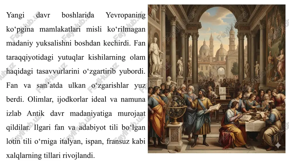 n. 18 podshipnik. bu davrning buyuk rassomlaridan yana biri italiyalik rafael santi (1483–1520) edi. u atigi 37 yil umr ko‘rdi, xolos. lekin shu qisqa davr ichida o‘z nomini abadiylikka muhrlagan asarlar yarata oldi. “sikstin ma donnasi” u yaratgan asarlar ichida eng mashhuridir. yana bir mashhur rassom gollandiyalik rembrandt yaratgan asarlar ichida eng mashhuri “adashgan o‘g‘ilning qaytishi” rasmi edi. injilda oilasini tashlab ketib, uzoq vaqt sang‘ib yurgan, barcha boyliklari tuga gach, ortga qaytgan o‘g‘lini ota kechiradi va uyiga qabul qiladi. rembrandt o‘z asarida ota va o‘g‘ilning uchrashuv paytini aks ettirgan. bu davr haykaltaroshlari haykaltaroshlikni san’atlar ichida birinchisi, u insonni, uning go‘zalligini boshqa san’at turlaridan yaxshiroq sharaflaydi, deb hisoblaganlar.ularning eng mashhuri italiyalik mikelanjelo buonarroti (1475–1564) edi. u o‘zining o‘lmas asarlari bilan tarixda abadiy iz qoldirdi. san’atkor yaratgan “david” haykali uning nomini abadiyatga daxldor qildi. david haykalini mikelanjelo 26 yoshida yaxlit marmar toshdan yasagan. haykalning balandligi – 5,2 metr (2 qavatli uy bilan …