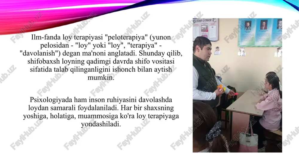 va shishlarni kamaytirishga yordam beradi, bo'g'im va mushak-og'riqlarini yengillashtiradi loy niqobi kosmetik maqsadlarda teri parvarishida qo'llaniladi. loy niqoblari terini tozalash, namlantirish va yoshartirish uchun qo'llaniladi. loyli vannalar - issiq loy vannalar orqali tanani davolash va terini oziqlantirish. bu muolaja qon aylanishini yaxshilaydi va toksinlarni tanadan chiqarishga yordam beradi loy terapiyasi insonning ruhiy va jismoniy salomatligini yaxshilashda foydalaniladigan samarali usullardan biri hisoblanadi. ushbu terapiya qadimdan buyon turli xalqlar tomonidan qo'llanilib kelinadi va zamonaviy davrda ham o'z ahamiyatini yo'qotmagan. loyning tabiiy xususiyatlari va shifobaxsh quvvati tufayli, u ko'plab kasalliklar va ruhiy stresslarni yengib o'tishda yordam beradi. ushbu maqolada loy terapiyasining tarixi, türlari, foydali jihatlari va uning inson hayotidagi ahamiyati haqida batafsil to'xtalib o'tiladi. bolalarga bitta plastilindan yoki sun'iy loydan bir kitni haykalini yasashga o'rgatish - haykaltaroshlik usulida. plastilin to'pini kaftlar orasiga o'rash qobiliyatini birlashtirish uchun xarakterli shakl berish uchun loyni ikki barmog'ingiz bilan cho'zing va tekislang (kitning dumi, tafsilotlar bilan to'ldiring (ko'zlar, …