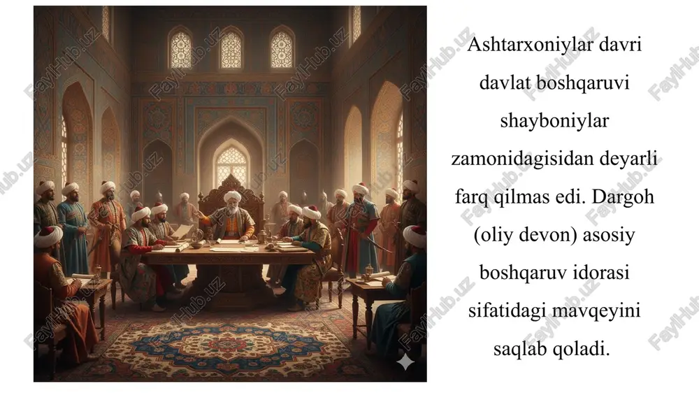 mansabi buxoro shahrining oliy hokimi va amirlikning amaldagi bosh vaziri sifatida mutlaqo mavqega ega boʻlgan. ashtarxoniylar davrida chuhraboshi mansabi harbiy va saroy ichki tartibini saqlash bilan bogʻliq boʻlgan. chuhraboshi xonning shaxsiy qoʻriqchi-larining boshligʻi boʻlgan. u xon saroyida, qarorgohida va sayohatlari paytida xavfsizlik va tartibni taʼminlashga javobgar shaxs edi. u saroy ichidagi xizmatchilar, eshik ogʻalari va boshqa quyi mansabdagi xodimlarni boshqargan. xonning farmoyishlarini saroy ichida yetkazish va ularning ijrosini nazorat qilishda ishtirok etgan.bu mansab harbiy unvonlar tizimiga kirgan, unga kichik harbiy boʻlinmalarga qoʻmondonlik qilish yuklatilgan. ashtarxoniylar davrida miroxur mansabi xon saroyida muhim vazifalarni bajargan. miroxur soʻzi fors tilidan olingan boʻlib, maʼnosi "otxona boshligʻi" yoki "amirlar oti (qoʻriqchisi)" degan maʼnoni anglatadi. xonning shaxsiy otxonasiga boshchilik qilish: miroxur xon otxonasini, otlarni, ulovlarni, ularning jihozlarini va ularga xizmat koʻrsatuvchi saroy xodimlarini nazorat qilgan. ashtarxoniylar davrida yasovul mansabi asosan tartibni saqlovchi va farmon ijrochisi vazifasini bajargan. yasovullar saroy atrofida, turli marosimlar, tantanalar va toʻplanishlar chogʻida …