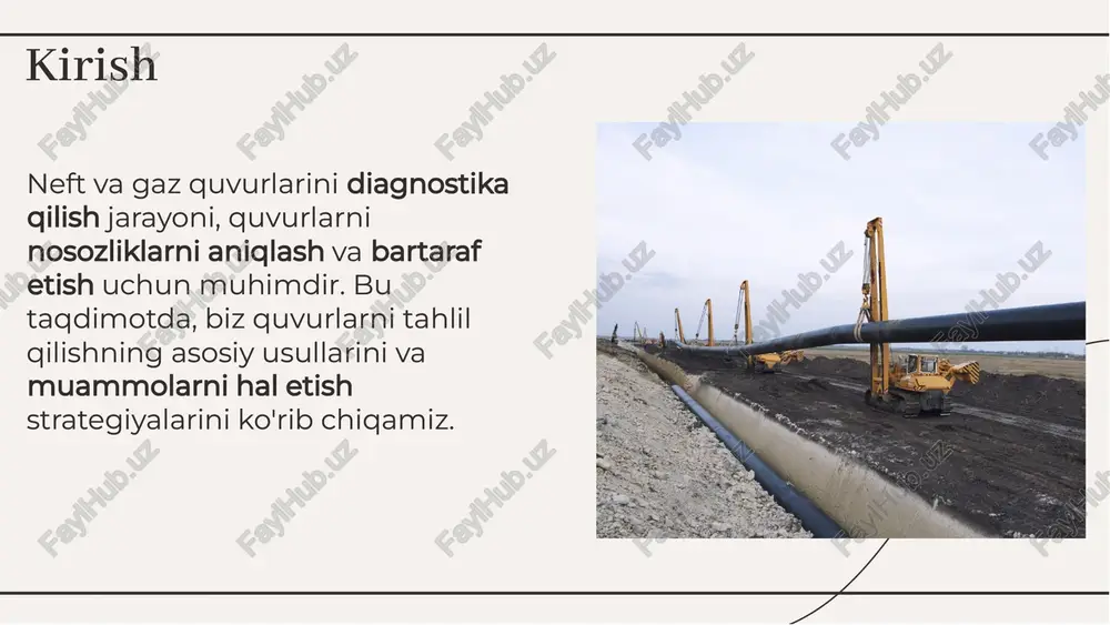 muhimdir. zamonaviy usullar va texnologiyalar yordamida, biz xavfsizlik va samaradorlikni oshirishimiz mumkin. neft va gaz quvurlarini diagnostika qilish va nosozliklarni bartaraf etish jarayonlari, quvurlarni uzluksiz ishlashini ta'minlash uchun muhimdir. zamonaviy usullar va texnologiyalar yordamida, biz xavfsizlik va samaradorlikni oshirishimiz mumkin. xulosaxulosa