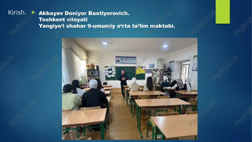 9.2025 amaliyot davomida biriktirilgan o‘qituvchi rahbarligida 9-, 10- va 11-sinflarda o‘tiladigan sinov darslariga mustaqil tayyorgarlik ko‘rdim. har bir darsni o‘quv dasturi va dts talablari asosida rejalashtirib, dars ishlanmasini tayyorladim hamda o‘qituvchining tavsiyalari asosida takomillashtirdim. tarbiyaviy tadbirlarga ham mustaqil tayyorgarlik ko‘rib, o‘quvchilarning qiziqishlari va yosh xususiyatlarini inobatga olgan holda mazmunli va tarbiyaviy ahamiyatga ega mashg‘ulotlarni ishlab chiqdim. pedagogik va psixologik kuzatishlar olib borib, o‘quvchilarning darsdagi faol ishtiroki, o‘zaro munosabatlari va o‘qituvchi bilan kommunikatsiyasini tahlil qildim. shuningdek, malakaviy amaliyot kundaligini muntazam yuritib, bajarilgan topshiriqlar va tajribalar natijalarini tartibli ravishda qayd etib bordim. amaliyotning sakkizinchi kuni 30.09.2025 amaliyot davomida biriktirilgan o‘qituvchi nazoratida 9-, 10- va 11-sinflarda sinov darslariga tayyorgarlik ko‘rib, ularni mustaqil o‘tkazdim. tarbiyaviy tadbirlarga ham tayyorgarlik ko‘rib, faol ishtirok etdim. pedagogik va psixologik kuzatishlar natijalarini yig‘ib, tahlil qilib bordim. shuningdek, malakaviy amaliyot kundaligini muntazam yuritdim. amaliyotning to’qqizinchi kuni 2.10.2025 amaliyot davomida biriktirilgan o‘qituvchi nazoratida 9-, 10- va 11-sinflarda o‘tiladigan sinov darslariga mustaqil …