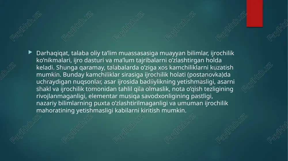 rgi zamonaviy ijrochilik talablarini hisobga olgan holda ishlab chiqilgan. bu mashqlarda aynan zamonaviy kompozitorlar asarlarida uchraydigan yo’nalishlar va zamonaviy qashqar rubob ijrochilik uslublari aks etgan. ilgari chop etilgan darslik va qo’llanmalarda berilgan mashqlardan farqli o’laroq, ushbu mashqlar burmuncha murakkab bo’lib, talabadan alohida e’tibor talab qiladi. mashqlarni dars jarayonida o’qituvchi bilan yoki bir necha talaba birga unison holda chalish yaxshi natija beradi. mashqlar o’ng va chap qo’llar uchun mo’ljallangan bo’lib, har biri alohida maqsadni ko’zda tutadi. o’zbek musiqasida barcha xalq musiqalarida bo’lgani kabi milliy xususiyatga ega bo’lgan tovushqatorlar (ya’ni gammalar) mavjud. ushbu tovushqatorlar major va minor gammalaridan farqli o’laroq ayrim bosqichlarining 0,5 ton ko’tarilganligi yoki pasayganligi bilan xarakterlidir. musiqada ular xalq ladlari deb yuritilib quyidagicha nomlanadi: gammalar: demak, birinchi kurs talabasi uch torda chalinadigan bir oktavali major va minor gammalari va ularning tonika, subdominanta kvartsekstakkord, dominant sekstakkord uchtovushliklari, shuningdek, ularning aylanmalarini o’rganishi talab etiladi. gammalarning tabiiy, melodik va garmonik turlari har-xil …