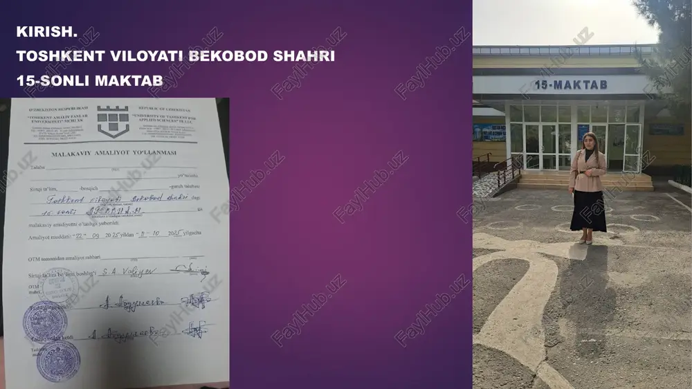 lladi. amaliyotning oltinchi kuni 27.09.2025 ushbu topshiriq bo‘yicha “bumerang” metodi yordamida dars ishlanmasini tayyorlab, uni amalda qo‘lladim. dars jarayonida metodning samaradorligini kuzatdim, o‘quvchilarning faolligi va mustaqil fikrlash qobiliyati oshganini qayd etdim. natijada, bu metod darsni interfaol, mazmunli va samarali o‘tishda muhim ahamiyat kasb etishini amalda isbotladim. amaliyotning yettinchi kuni 29.09.2025 "yashash hududimizdagi kasblar" mavzusida trening mashg‘ulotini o‘tkazdim. mashg‘ulot davomida o‘quvchilarga atrof-muhitdagi kasblar, ularning jamiyatdagi ahamiyati va kelajakdagi kasb tanlovi haqida tushuncha berildi. amaliy mashg‘ulotlar orqali o‘quvchilar o‘z qiziqishlarini aniqlashga yordam beruvchi topshiriqlarni bajardilar. natijada, ularning kasbga bo‘lgan qiziqishi va tushunchalari kengaydi. amaliyotning sakkizinchi kuni 30.09.2025 malakaviy amaliyot davomida kundalikni muntazam ravishda yuritdim. unda har bir kunlik faoliyatim — dars kuzatish, tahlil qilish, dars ishlanmalar tayyorlash, tarbiyaviy tadbirlar o‘tkazish jarayonlari to‘liq qayd etildi. kundalik orqali o‘z faoliyatimni tahlil qilish, xatolarimni aniqlab, ularni bartaraf etish imkoniga ega bo‘ldim. natijada, bu jarayon pedagogik tajriba orttirishim va amaliy ko‘nikmalarimni mustahkamlashda muhim rol o‘ynadi. amaliyotning …
