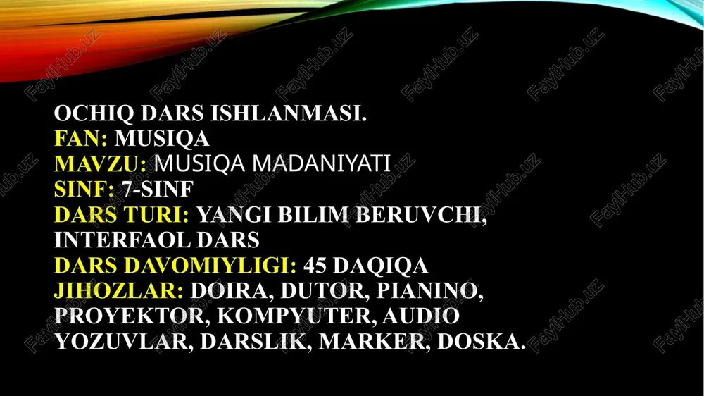 ojlantirish. “musiqa va his-tuyg‘ular” usul: o‘quvchilarga qisqa musiqa parchalari eshittiriladi. vazifa: har bir o‘quvchi musiqani eshitib o‘z his-tuyg‘ularini ifodalaydi: rang, shakl, qiyofa yoki so‘z bilan. maqsad: emotsional intuitsiyani rivojlantirish, musiqani idrok etishni mustahkamlash. “cholg‘ularni tanlash o‘yini” usul: o‘quvchilar guruhlarga bo‘linadi. vazifa: har bir guruh turli asboblarning ovozini eshitadi va ularni nomini topadi. keyin guruh o‘z asbobini qisqa ijro qiladi. maqsad: tinglash va aniqlash ko‘nikmalarini rivojlantirish, musiqa asboblari haqida bilimlarni mustahkamlash. image2.png image3.jpeg image4.png image5.jpeg image6.jpeg image7.png image8.jpeg image1.png /docprops/thumbnail.jpeg