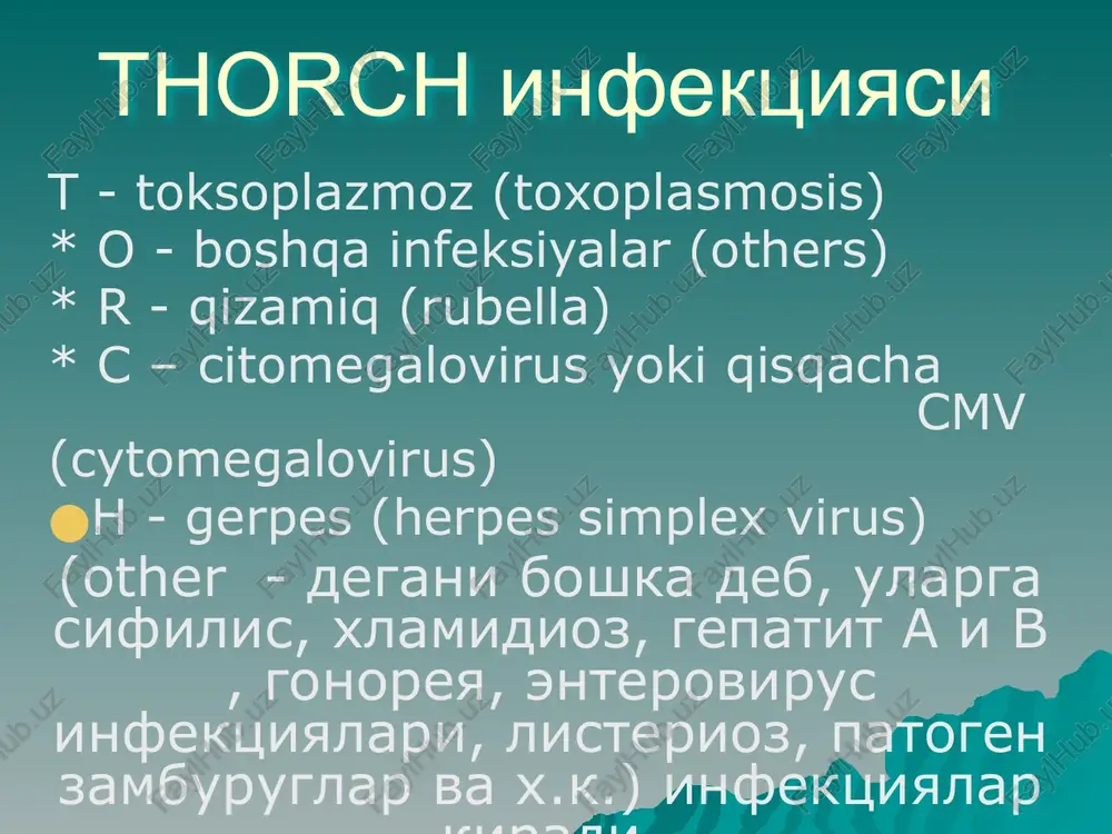 voyi xayvonlardan, yoxud toksoplazmozlar tushgan ovkatlarni iste'mol kilish okibatida organizmga tushadi.. toksoplazmozni tugma va orttirilgan turlari farklanadi. toksoplazmozni tugma shakli yuldosh orkali kasallikni yukishi okibatida kelib chikadi. xomiladorlikni kaysi davrida toksoplazmoz yukkanligiga karab, xomila ona korni ichi davrida toksoplazmozni kechishida 3 ta davr farklanadi. generalizatsiya davri; rivojlangan entsefalit davri; postentsefalitik uzgarishlar davri; xomilani birinchi 3 oyligida infektsiyalanishi okibatida chakalok bosh suyagining yuz kismini nuksonlari, mns nuksonlari - anentsefaliya, akraniya va boshka nuksonlar bilan tugiladi. kup xolatlarda bola ulik tugilishi xam mumkin. kasallik erta fetal davrda yukkanida kasallikning klinik manzarasida entsefalit va uning asoratlariga xos simptomlar gidro yoki mikrotsefaliya, kuzning shikastlanishi - xorioretinit, kuz nervi atrofiyasi belgilari ustun turadi. agar xomila oxirgi 3 oylikda toksoplazmoz kuzgatuvchisi bilan zararlansa chakalok fakat kurinishdangina soglom tutiladi, kasallikni klinik manzarasi esa bolani turli yoshida yuzaga chikishi mumkin. kuzgatuvchini organizmga kirish darvozasi soxasida nekroz uchoklari, tutunchalari, xujayra infiltratsiyasi va uning asorati sifatida — petrifikatlar va chandikli …