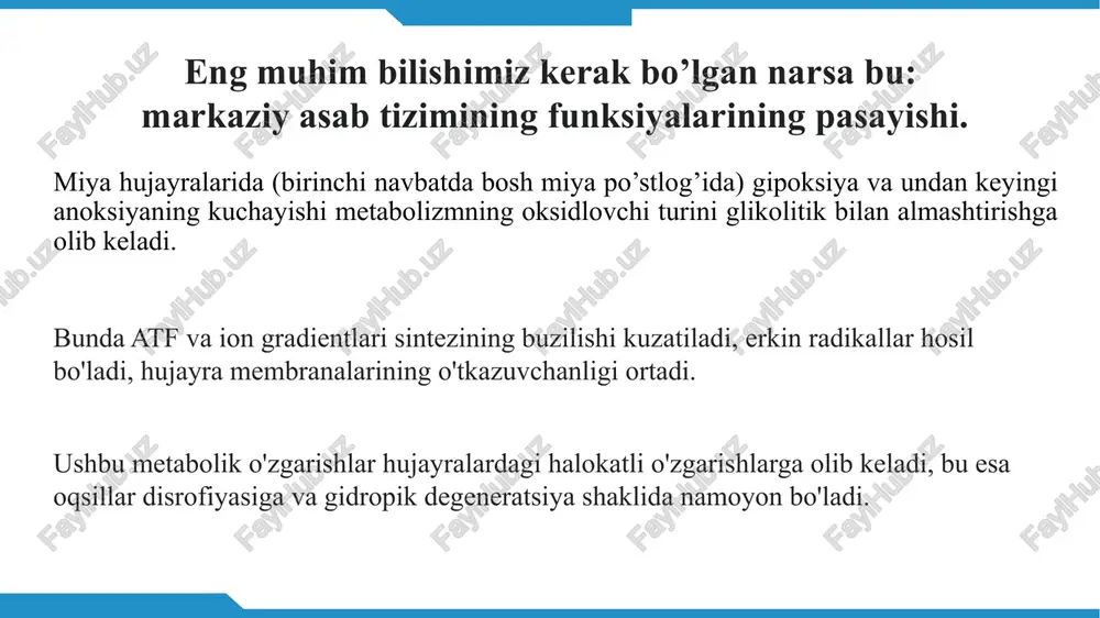 hayotiylikni qo’shimcha taminlash. mustaqil qon aylanishini tiklashdan iborat, qon aylanish va nafas olishni normalizatsiyalash va stabillik ko’rsatkichlarini taminlash. d (drug) — medikamentoz vositalar va infusion terapiya; e (ecg) — elektrokardioskopiya va kardiografiya; f (fibrillation) — defibrillyatsiya. iii bosqich — uzoq muddatli hayotni taminlash. reanimatsiyadan keyingi intensiv terapiyadan iborat va bosqichlarni o'z ichiga oladi : g (gauging) — holatni baxolash; n (human mentation) hushni tiklash; i — a’zolar funksiyasini yetishmovchiligini korreksiyasi. nafas yo’llari o’tkazuvchanligini tiklash bo’yinni orqa qismini bukib boshni orqaga tashlash pastki jag’ni oldinga yo’naltirib og’izni ochish nafas yo’llari yopiq nafas yo’llari ochiq o’pka sun’iy ventilyatsiyasida boshning holati. i bosqich a (airway open) og’iz-burun orqali o’pka sun’iy ventilyatsiyasi. og’iz-og’iz orqali o’pka sun’iy ventilyatsiyasi. i bosqich b (breath for victim) nafas olish naychasidan foydalanish traxeya intubatsiyasi o’pka sun’iy ventilyatsiyasi ekspirator usullar : og’iz-og’iz orqali, og’iz-burun orqali, og’iz-nafas nayi orqali qon aylanishini taminlash. operatsiya xonasidan tashqari— yurak yopiq massaji operatsion sharoitda, ko’krak …