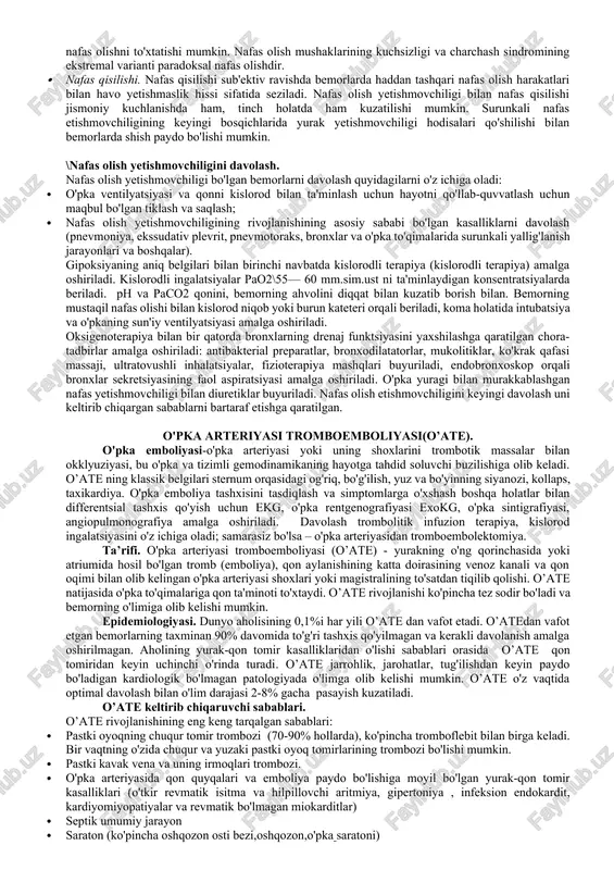 oksemiya ham mavjud, ammo u kislorod terapiyasiga yaxshi javob beradi. ventilyatsiya nafas olish yetishmovchiligining rivojlanishi nafas olish mushaklarining zaifligi, ko'krak qafasining mushak va qovurg'a ramkasidagi mexanik nuqsonlar, nafas olish markazining tartibga solish funktsiyalarining buzilishi bilan kuzatiladi. 2. etiologiyasi (sabablari) bo'yicha: · obstruktiv. ushbu turdagi tashqi nafas olish apparati funktsional imkoniyatlariga ta'sir qiladi: to'liq nafas olish va ayniqsa nafas olish qiyinlashadi, nafas olish tezligi cheklanadi. · restriktiv (yoki cheklovchi). nye nafas olishning mumkin bo'lgan maksimal chuqurligini cheklash tufayli rivojlanadi. · kombinatsiyalangan (aralash). kombinatsiyalangan (aralash) turdagi nye obstruktiv va restriktiv turlarning belgilarini ulardan birining ustunligi bilan birlashtiradi va yurak-o'pka kasalliklarining uzoq davom etishi bilan rivojlanadi. · gemodinamik. nye qon oqimining yetishmasligi yoki o'pkaning bir qismini yetarli darajada kislorod bilan ta'minlash fonida rivojlanadi. · diffuz. diffuz tipdagi nafas yetishmovchiligi o'pkaning kapillyar-alveolyar membranasi qalinlashi oqibatida gazlarning kirib borishi patologik buzilganda rivojlanadi. 3. belgilarning o'sish tezligi bo'yicha: · o'tkir nafas yetishmovchiligi tez rivojlanadi, bir necha …