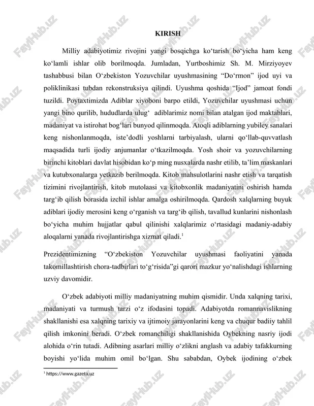 ’analarining shakllanish jarayoni, uning xalq hayotidagi o‘rni va roli tahlil qilinadi. oybek nasriy ijodining badiiy-estetik yuksakligi. oybek o‘z nasriy asarlarida yuqori badiiy mahorat bilan ijtimoiy, tarixiy va ma’naviy masalalarni yoritgan. uning romanlarida xalqning og‘ir qismati, kurash va ertangi kunga umidi yuksak badiiy vositalar orqali tasvirlangan. bu jarayon o‘zbek romanchiligining shakllanishida muhim ahamiyat kasb etgan bo‘lib, oybek ijodining zamonaviy o‘zbek adabiyoti rivojidagi o‘rnini belgilaydi. romannavislik maktabining shakllanishida nazariy asos yaratish. oybekning romanlari o‘zbek adabiyotida yangi janrning – romannavislikning shakllanishiga yo‘l ochdi. adibning badiiy izlanishlari, qahramonlarning psixologik va ruhiy holatini chuqur ochib berishdagi mahorati o‘zbek romannavisligida yangi yo‘nalishlarni belgilab berdi. ayniqsa, oybek ijodining ta’siri keyingi avlod yozuvchilarining ijodida yaqqol namoyon bo‘ladi.[footnoteref:3] [3: https://ziyonet.uz] mazkur kurs ishining dolzarbligi shundaki, u oybek nasriy ijodi orqali o‘zbek romannavislik maktabining shakllanish jarayonini va bu jarayonning milliy adabiyot hamda madaniyat taraqqiyotidagi o‘rnini chuqur o‘rganishga qaratilgan. mavzuni o‘rganish orqali nafaqat oybek ijodining ilmiy tahlili amalga oshiriladi, balki zamonaviy …