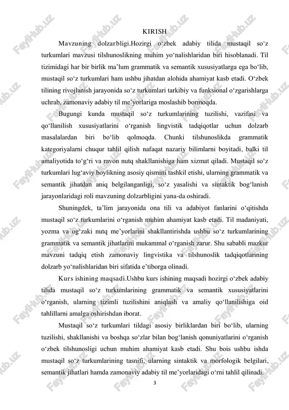 biridir. shuningdek, ularning boshqa so„z turkumlari bilan o„zaro bog„lanish tamoyillarini tahlil qilish va zamonaviy adabiy til me‟yorlari doirasida qo„llanilish holatlarini o„rganish ko„zda tutiladi. tilshunoslikka oid ilmiy manbalar asosida mustaqil so„z turkumlari haqidagi qarashlarni umumlashtirish, turli davrlardagi lingvistik yondashuvlarni solishtirish va mavjud ilmiy nazariyalar asosida xulosalar chiqarish ushbu ishning yana bir muhim yo„nalishidir. amaliy jihatdan esa mustaqil so„z turkumlarining o„quv jarayonida o„rganilish darajasini tahlil qilish, ularning til madaniyatini shakllantirishdagi rolini aniqlash va yozma hamda og„zaki nutqda to„g„ri qo„llanilishiga oid tavsiyalar ishlab chiqish rejalashtirilgan. kurs ishining obyekti.ushbu kurs ishining obyekti hozirgi o„zbek adabiy tilida mustaqil so„z turkumlarining grammatik va semantik xususiyatlaridir. til tizimida mustaqil so„z turkumlari muhim o„rin tutib, ularning morfologik va sintaktik belgilari, ma‟no jihatidan farqlanishi hamda nutq jarayonidagi roli tadqiqotning asosiy yo„nalishini tashkil etadi. mustaqil so„z turkumlarining adabiy til me‟yorlarida qanday namoyon bo„lishi, ularning tuzilishi va o„zaro bog„lanish tamoyillari tahlil qilinadi. 5 shuningdek, ushbu kurs ishida mustaqil so„z turkumlariga oid …