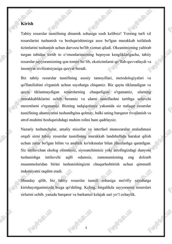 aydigan tarzda boshqarish mumkin. qayta tiklanmaydigan resurslar: qayta tiklanmaydigan resurslar cheklangan tabiatga ega va ularni inson vaqt oralig'ida osongina to'ldirib bo'lmaydi. bir marta tugasa, ular abadiy yo'q bo'lib ketadi. bunga misollar kiradi: fotoalbom yoqilg'ilar: ko'mir, neft va tabiiy gaz millionlab yillar davomida organik moddalarning parchalanishi natijasida hosil bo'lgan qazib olinadigan yoqilg'idir. ular transport, elektr energiyasi ishlab chiqarish va sanoat jarayonlari uchun asosiy energiya manbalari hisoblanadi. minerallar: metall minerallar (masalan, temir, mis, oltin) va metall bo'lmagan minerallar (masalan, ohaktosh, gips) qurilish, ishlab chiqarish va texnologik taraqqiyot uchun zarurdir. toshlangan uglerod: torf, moyli slanets va smola qumlari energiya yoki sanoat maqsadlarida qazib olinishi va qayta ishlanishi mumkin bo'lgan uglerodga asoslangan birikmalarni o'z ichiga oladi. yadro yoqilg'isi: uran va toriy elektr energiyasi ishlab chiqarish uchun yadroviy reaktorlarda yoqilg'i sifatida ishlatiladi. qayta tiklanmaydigan resurslardan foydalanish ekologik, ijtimoiy va iqtisodiy muammolarni, jumladan, yashash joylarini yo'q qilish, ifloslanish va geosiyosiy ziddiyatlarni keltirib chiqaradi. xulosa qilib aytganda, …