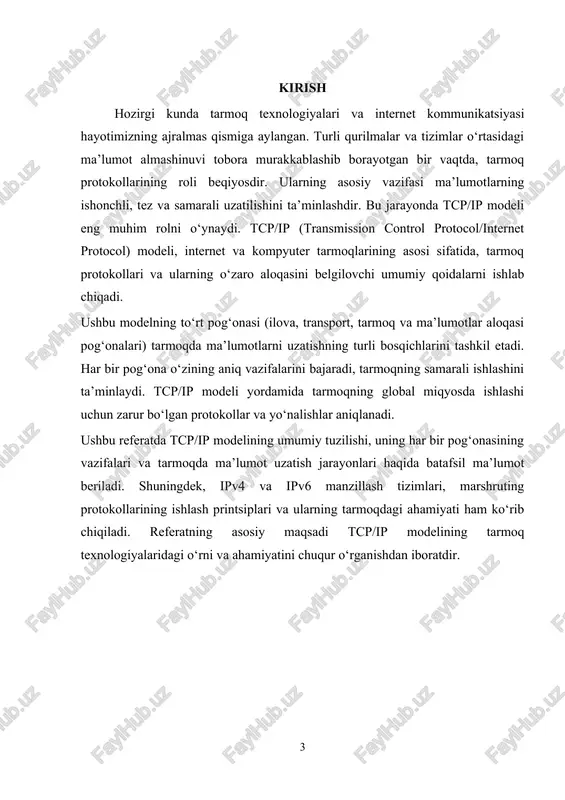 va operatsion tizimlar bilan moslashishi. · protokollarni yangilash va takomillashtirish imkoniyati. tcp/ip modeli tarmoq aloqalarini boshqarishda oddiy va samarali tuzilma taklif etadi. har bir pog‘onaning o‘z vazifalari aniqlanganligi tufayli, ushbu model zamonaviy internet va axborot texnologiyalarining poydevori sifatida keng qo‘llaniladi. 2. transport pog‘onasi (transport layer) vazifalari transport pog‘onasi tcp/ip modelining asosiy komponentlaridan biri bo‘lib, tarmoq orqali ma’lumotlarning ishonchli, ketma-ket va samarali uzatilishini ta’minlaydi. bu pog‘ona ilova pog‘onasi bilan internet pog‘onasi o‘rtasidagi aloqa vositasi sifatida ishlaydi va ma’lumotlarni jo‘natuvchi qurilmadan qabul qiluvchi qurilma tomon uzatishda muhim rol o‘ynaydi. transport pog‘onasining asosiy vazifalari: 1. ishonchli uzatishni ta’minlash (reliable transmission): · transport pog‘onasi ma’lumotlarni yo‘qolishlarsiz va xatoliklarsiz yetkazishni ta’minlaydi. · ma’lumot bo‘laklarga ajratiladi, raqamlash orqali tartibga solinadi va qabul qiluvchida qayta yig‘iladi. · agar paketlar yo‘qolsa yoki buzilsa, ular qayta yuboriladi (tcp protokoli orqali). 2. portlarni boshqarish (multiplexing and demultiplexing): · transport pog‘onasi ma’lumotlarni jo‘natuvchi va qabul qiluvchining ilovalariga bog‘laydi. · har bir …