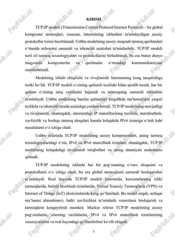 ni yanada soddalashtiradi. modelning asosiy qatlamlari quyidagilardan iborat: 1. aloqa qatlamlari (link layer): ushbu qatlam tarmoq qurilmalari o‘rtasida fizik xabar almashishni ta'minlaydi. ethernet, wi-fi kabi lokal tarmoq texnologiyalari shu qatlamda ishlaydi. 2. tarmoq qatlamlari (internet layer): bu qatlam tarmoqlararo ma'lumotlarni uzatishni boshqaradi va ip protokoli bilan ishlaydi. tarmoq qatlamining vazifasi, ma'lumotlarni kerakli manzilga yo‘naltirishdir. 3. transport qatlamlari (transport layer): tcp va udp protokollari ushbu qatlamda ishlaydi. transport qatlamining vazifasi - tarmoqdagi ma'lumotlar almashinishini ishonchli qilish va ularni dasturlar o‘rtasida uzatishni boshqarishdir. 4. ilova qatlamlari (application layer): bu qatlam tarmoqda ishlovchi dasturlar bilan bog‘liq bo‘lib, foydalanuvchiga ma'lumotni taqdim etadi. http, ftp, smtp kabi protokollar ushbu qatlamda ishlaydi. tcp/ip modelining tarmoq texnologiyalaridagi o‘rni tcp/ip modeli tarmoq texnologiyalaridagi o‘rni juda katta, chunki u butun internetning ishlashini ta'minlaydi. tcp/ip protokollari asosida qurilgan tarmoq arxitekturalari, kompyuterlar, qurilmalar va tizimlar o‘rtasida uzluksiz va ishonchli kommunikatsiyani amalga oshirish imkonini beradi. modelning o‘rni quyidagi jihatlarda aks etadi: 1. …
