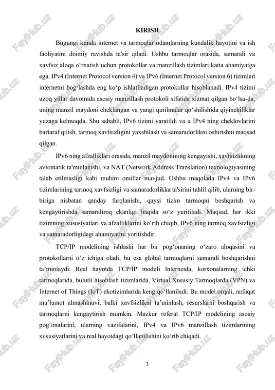 tarmoq arxitekturasining asosiy xususiyatlarini ko‘rsatadi. har bir qatlam o‘zining vazifasini mustaqil bajarar ekan, osi modelini amaliyotda qo‘llash ko‘proq nazariy yondashuvni ifodalaydi. · tcp/ip modelining amaliyotga yaqinligi: tcp/ip modeli amalda ko‘proq ishlatiladi va haqiqiy tarmoqlarni yaratishda qo‘llanadi. bu model tizimni rivojlantirishda osonlik va tezlikni ta'minlaydi. tcp/ip modeli internet va boshqa tarmoqlar uchun aniq ishlab chiqilgan protokollarni o‘z ichiga oladi va tarmoq arxitekturasini samarali tashkil etishda foydalidir. protokollar va interfeyslar · osi modelida protokollar qatlamlarga bog‘liq holda aniqlanadi, ya'ni har bir qatlam uchun alohida protokollar va ularning o‘zaro aloqasi ta'riflanadi. masalan, transport qatlamida tcp va udp protokollari mavjud, tarmoq qatlamida esa ip protokoli ishlaydi. · tcp/ip modelida protokollar aniq bir qatlamda ishlaydi va har bir qatlam uchun o‘z protokollari mavjud. masalan, tcp/ip modeli transport qatlamida tcp va udp protokollarini ishlatadi, internet qatlamida esa ip protokoli mavjud. tcp/ip modeli protokollarning o‘zaro mos kelishiga va funktsional ishlashiga ko‘proq e'tibor qaratadi. sessiya va ta'limot qatlamlari …