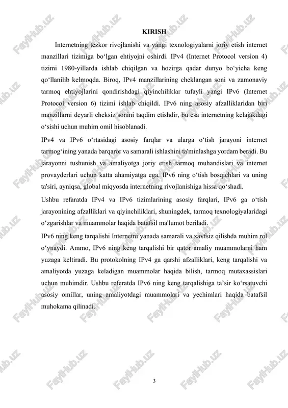 r va ilmiy tadqiqotlar uchun ajratilgan bo‘lib, odatda umumiy foydalanishda emas. maxsus manzillar ipv4 da ba’zi maxsus manzillar ham mavjud: 1. localhost (127.0.0.1) · bu manzil kompyuterning o‘ziga murojaat qilish uchun ishlatiladi. bu manzil "loopback" manzili sifatida tanilgan. 2. private manzillar · 10.0.0.0 - 10.255.255.255 · 172.16.0.0 - 172.31.255.255 · 192.168.0.0 - 192.168.255.255 ushbu manzillar ichki tarmoqlar uchun ajratilgan bo‘lib, internetda ko‘rish mumkin emas. 3. broadcast manzillari · 255.255.255.255 - umumiy broadcast manzili, barcha tarmoq qurilmalariga xabar yuborish uchun ishlatiladi. subnetting (tarmoqni bo‘lish) ipv4 manzillari uchun subnetting jarayoni tarmoq manzillarini kichik qismlarga bo‘lishni ta’minlaydi. bu, ayniqsa, manzillarni samarali ishlatish va tarmoqni boshqarish uchun juda muhimdir. subnetting tarmoqni boshqarish va xavfsizlikni ta’minlashda yordam beradi. · subnet mask – bu manzilning qaysi qismi tarmoq uchun, qaysi qismi esa xost uchun ajratilganligini ko‘rsatadi. · masalan, 255.255.255.0 subnet mask bilan, manzillar 256 ta ip manzillarga bo‘linadi (0-255). ipv4 manzillarining cheklovlari ipv4 tizimi 32 bitli …
