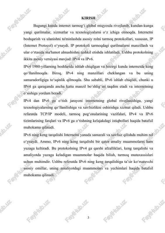ayer) tarmoq qatlamining asosiy vazifasi tarmoq manzillarini aniqlash va ma'lumotlarni to‘g‘ri manzilga yo‘naltirishdir. ushbu qatlamda paketlar tarmoqdan o‘tib, to‘g‘ri joyga yetib borishi uchun yo‘nalishlarni aniqlash va marshrutlash jarayonlari amalga oshiriladi. tarmoq qatlamida manzilning aniqlanishi va paketlar yo‘nalishi tarmoq protokollari orqali belgilanadi. asosiy protokollar: · ip (internet protocol): ma'lumot paketlarini manzilga yo‘naltirish va tarmoq manzillarini aniqlash uchun ishlatiladi. ipv4 va ipv6 versiyalari mavjud. · icmp (internet control message protocol): tarmoq xatoliklarini aniqlash va xabar berish uchun ishlatiladi (masalan, ping). · arp (address resolution protocol): ip manzilini mac manziliga o‘zgartirish uchun ishlatiladi. fizik (access) qatlam (link layer) fizik qatlam tarmoq qurilmalarining o‘rtasidagi fizika aloqasini ta'minlaydi. bu qatlamda ma'lumotlar fizik jihatdan tarmoqdan uzatiladi, ya'ni ma'lumotlar signalga aylanadi va tarmoq orqali uzatiladi. fizik qatlamda ma'lumotlarning to‘g‘ri uzatilishi uchun zarur bo‘lgan barcha texnologiyalar va apparatlar, masalan, kabellar, switchlar va ethernet texnologiyalari mavjud. asosiy protokollar va texnologiyalar: · ethernet: mahalliy tarmoqlar uchun keng tarqalgan texnologiya. · …