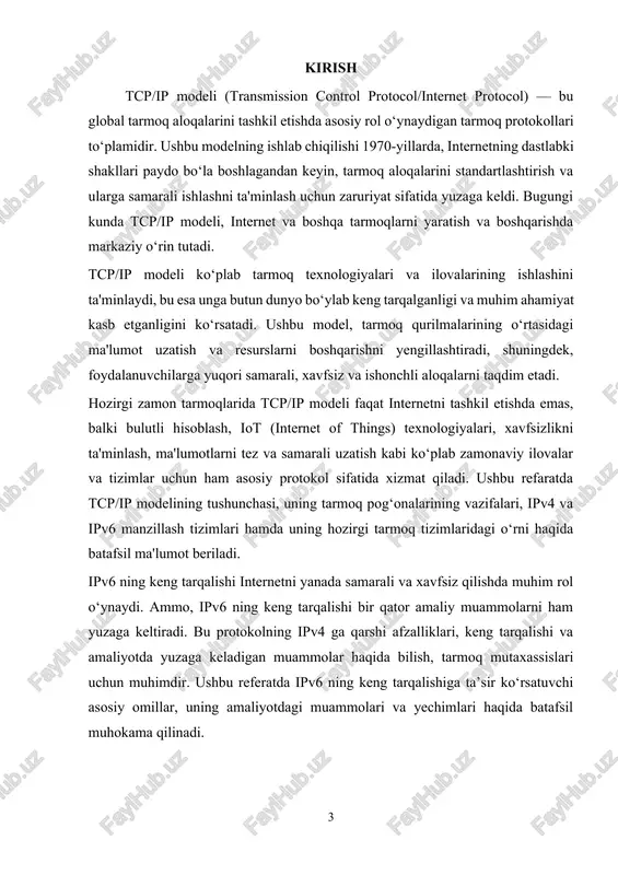 i. tcp/ip protokollarini ishlab chiqish maqsadi tarmoqlar o‘rtasida samarali va xavfsiz ma'lumot almashishni ta'minlash edi. 1. 1970-yillar: tcp/ip modeli yaratildi va arpanet tarmog‘ida sinovdan o‘tkazildi. dastlabki protokollarni ishlab chiqishda vinton cerf va robert kahn yetakchilik qilgan. ularning ishtiroki bilan, tcp/ip protokoli arpanet tarmog‘ida to‘liq amal qila boshladi. 2. 1983-yil: tcp/ip modelining to‘liq amalga oshirilishi va internetning shakllanishi boshlangan. 1983-yilda arpanet to‘liq tcp/ip protokollariga asoslangan tizimga o‘tdi va shu tariqa internetning shakllanishi boshlandi. 3. 1990-yillar: internetning global miqyosda kengayishi va tcp/ip ning dunyo bo‘ylab qabul qilinishi boshlanadi. tcp/ip ning tarixi va ommaviylashuvi internetni butun dunyoga tarqatish uchun asosiy platformaga aylandi. tcp/ip modelining rivojlanishi internetni kengaytirish va global tarmoq aloqalarini ta'minlashda muhim rol o'ynadi. bugungi kunda, bu model har qanday tarmoq tizimining asosini tashkil etadi. 2. tarmoq pog‘onasining vazifalari tarmoq pog‘onasi, yoki link layer (physical and data link layer), tcp/ip modelining asosiy qatlamlaridan biri bo‘lib, u ma'lumotlarni tarmoq qurilmalari o‘rtasida uzatish jarayonini …