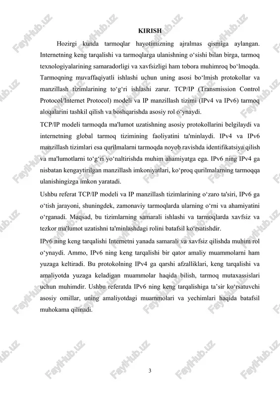 g vazifalari va tashkil etilishi · tcp/ip model: · tarmoq aloqasi qatlamı (network access layer) — bu qatlam ma'lumotni fizik tarmoq orqali uzatish uchun javob beradi. · internet qatlamı (internet layer) — bu qatlam ip manzillari va marshrutlashni boshqaradi, ma'lumot paketlarini tarmoq bo'ylab yuborish uchun mas'uldir. · transport qatlamı (transport layer) — ma'lumotlarning ishonchli yetkazilishini ta'minlash uchun ishlaydi (masalan, tcp va udp). · ilova qatlamı (application layer) — foydalanuvchi dasturlari va protokollari ishlaydi (masalan, http, ftp, smtp). · osi model: · fizik qatlam (physical layer) — signalning uzatilishini va tarmoq kabellari orqali o‘tishini ta'minlaydi. · ma'lumotlar linkasi qatlamı (data link layer) — tarmoq qurilmalari orasidagi to'g'ri uzatishni ta'minlash, ma'lumotni kadrlash va xatoliklarni aniqlashni amalga oshiradi. · tarmoq qatlamı (network layer) — ip manzillari va marshrutlashni ta'minlaydi. · transport qatlamı (transport layer) — ishonchli ma'lumot yetkazib berishni ta'minlaydi. · seans qatlamı (session layer) — dasturlar orasidagi seanslarni boshqaradi, ulanishni o‘rnatish va …