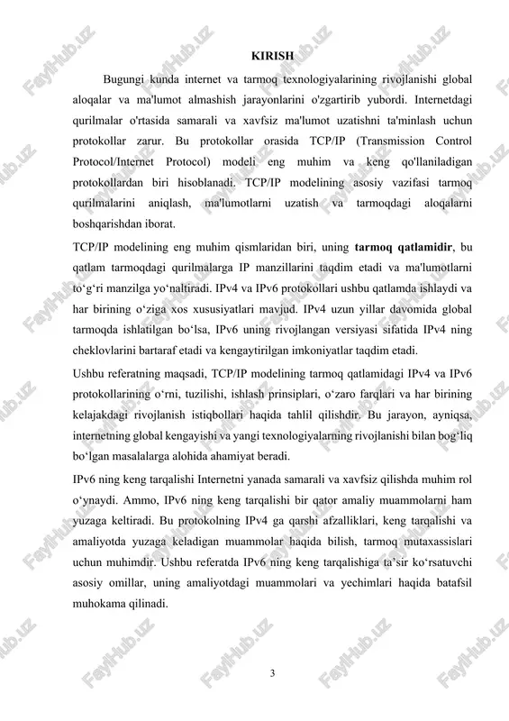 rish uchun javobgardir. har bir qurilmaga unik manzil (ip manzili) tayinlanadi, bu orqali tarmoqda bir-birini topa olishadi. ipv4 va ipv6 manzillari, masalan, bu manzillash tizimlarida keng qo‘llaniladi. ipv6 ning kengaytirilgan manzillash tizimi ko‘proq qurilmalarning tarmoqka ulanishingizga imkon beradi. xatoliklarni aniqlash va tuzatish (error detection and correction) tarmoq pog‘onasi, paketlar uzatilishi davomida yuzaga kelishi mumkin bo‘lgan xatoliklarni aniqlash uchun protokollarni o‘z ichiga oladi. masalan, ip manzillash tizimi va tcp protokoli yordamida ma'lumotlar to‘g‘ri va ishonchli tarzda uzatiladi. agar paketda xatolik aniqlansa, u qayta yuboriladi. tarmoq pog‘onasi shu tarzda ma'lumot uzatish jarayonining ishonchliligini ta'minlaydi. qo‘shimcha xizmatlar: tarmoq pog‘onasi quyidagi qo‘shimcha xizmatlarni ham taqdim etadi: · nat (network address translation): ichki tarmoq qurilmalari uchun xususiy ip manzillarni tashqi tarmoqda umumiy manzilga o‘zgartirish. · dns (domain name system): ip manzillarni domen nomlariga o‘zgartirish orqali foydalanuvchilarga qulay interfeys yaratish. · vpn (virtual private network): tarmoqdagi aloqalarni shifrlash va xavfsizlikni ta'minlash. tarmoq pog‘onasi tarmoqdagi barcha qurilmalar …