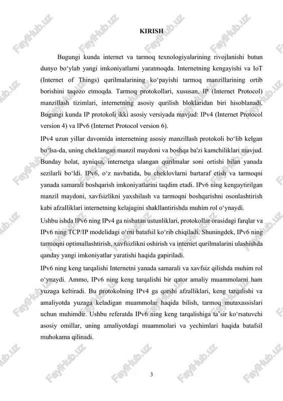 yo'naltiradi, tarmoqda paketlar to'g'ri yo'nalishda va manzilga yetib borishi kerak. · framing (ramkalarni tashkil qilish): ip protokoli tarmoqdagi ma'lumotlarni paketlarga ajratadi va bu paketlarni tarmoq bo'ylab uzatadi. icmp (internet control message protocol) icmp (internet control message protocol) protokoli tarmoqda yuzaga kelgan xatoliklarni aniqlash va tarmoq holatini monitoring qilish uchun ishlatiladi. icmp, masalan, tarmoqdagi qurilmalarning faoliyatini tekshirish, xatoliklarni aniqlash va tarmoq muammolarini bartaraf etishda foydalidir. icmpning asosiy vazifalari quyidagilar: · xatoliklar haqida xabar berish: icmp tarmoqdagi xatoliklar haqida xabar yuboradi. masalan, agar biron bir manzilga paket yuborilgan bo'lsa, lekin manzilga yetib bormasa, icmp "destination unreachable" (manzilga yetib bo'lmaydi) kabi xatolik xabarlarini yuboradi. · ping va traceroute: icmp protokoli ping va traceroute kabi diagnostika vositalarini qo'llab-quvvatlaydi. ping, tarmoqda biror qurilmaga ulanishni tekshiradi, traceroute esa paketlarning tarmoqdagi yo'lini ko'rsatadi. icmp xabar turlari: · echo request va echo reply (ping): tarmoq qurilmalarining javobini tekshiradi. · destination unreachable: ma'lum bir manzilga paket yetib bormadi. · …