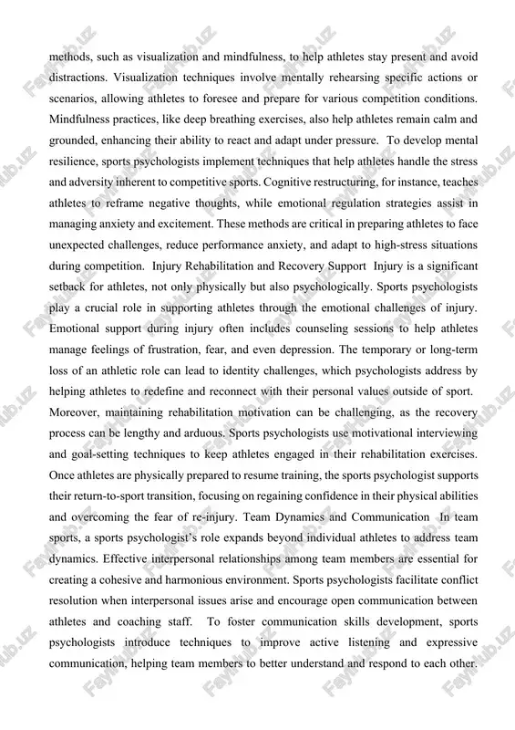 te’s intrinsic (internal) and extrinsic (external) motivation sources. techniques such as goal setting help athletes maintain focus and feel a sense of accomplishment by setting achievable short- and long-term goals. psychologists often employ self-determination theory to foster autonomy, competence, and relatedness, essential drivers for maintaining high motivation over time. equally essential is focus and concentration training. sports psychologists use a variety of methods, such as visualization and mindfulness, to help athletes stay present and avoid distractions. visualization techniques involve mentally rehearsing specific actions or scenarios, allowing athletes to foresee and prepare for various competition conditions. mindfulness practices, like deep breathing exercises, also help athletes remain calm and grounded, enhancing their ability to react and adapt under pressure. to develop mental resilience, sports psychologists implement techniques that help athletes handle the stress and adversity inherent to competitive sports. cognitive restructuring, for instance, teaches athletes to reframe negative thoughts, while emotional regulation …