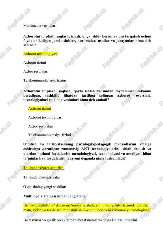 razryadlari soni, tizimli shina chastotasi, kesh xotira sig‘imi xotira sig‘imi, ma'lumotlarni uzatish tezligi razryadlari soni, adreslar fazosi takt chastotasi, yozish zichligi protsessorning takt chastotasi (bir sekunddagi taktlar soni) ... oddiy qo‘shish operatsiyasini bajarish vaqti 1 operatsiya uchun protsessor necha bit ishlatishi. xotira va tashqi qurilmalar bilan ma’lumot almashish chastotasi operativ xotira bilan protsessor o‘rtasida mutanosiblikni ta’minlovchi, ya’ni, bufer vazifasin o‘tovchi, kompyuter unumdorligini oshirish imkonini beruvchi xotira turi qaysi javobda keltirilgan? kesh xotira registrli (cmos) xotira tashqi xotira bios - doimiy xotira kompyuter o'chirilganidan so'ng barcha ma'lumotlar ... tezkor xotiradan (ramdan) o'chiriladi qattiq diskdan o'chiriladi flesh-disk xotirasidan o'chiriladi printerdan o'chiriladi insonga tabiiy muhit, tovush, video, grafika, matnlar, animatsiya va boshqalardan foydalanib, kompyuter bilan muloqotda bo‘lish imkonini beruvchi texnik va dasturiy vositalar majmui? multimedia vositalari kommunikatsiya vositalari dasturiy vositalar elektron qurilmalar barcha qurilmalari bitta korpus ichiga joylashtirilgan, desktop turidagi shaxsiy kompyuter qanday nomlanadi? monoblokli statsionar kompyuterlar video proyektorli shaxsiy kompyuter smartfon cho'ntak …