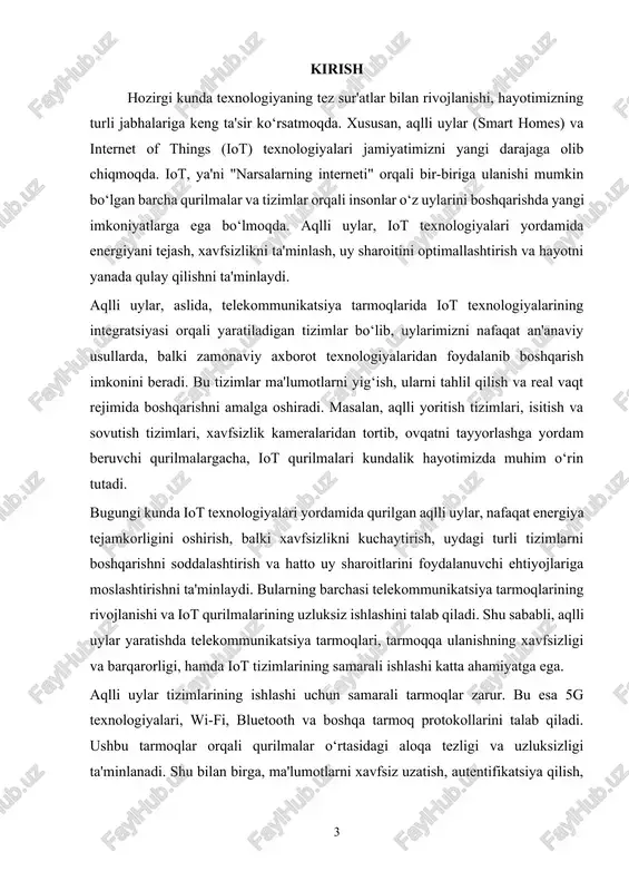 inligini ko‘rsatishga yordam beradi. 1. iot (internet of things) texnologiyasi iot (internet of things) texnologiyasi — bu turli xil qurilmalarning, sensorlarning va tizimlarning internet orqali o‘zaro bog‘lanishi, ma'lumot almashishi va bir-birini boshqarish imkoniyatlarini ta'minlovchi texnologiya. iot tizimlari o‘z ichiga turli xil qurilmalar, asboblar, sensorlar, va aktuatorlarni oladi, ular o‘zaro internet tarmog‘i orqali ulanib, o‘zaro ma'lumotlar almashish va integratsiyalashgan tizimni tashkil qiladi. bu tizimlar, odatda, avtomatik boshqaruv, monitoring, va real vaqt rejimida qarorlar qabul qilish imkoniyatlarini yaratadi. iot texnologiyasining asosiy maqsadi — obyektlarni va qurilmalarni internet orqali bog‘lab, ularga "aqlli" imkoniyatlar berishdir. masalan, uydagi qurilmalar (yoritish, isitish tizimlari, xavfsizlik tizimlari va boshqalar) bitta tizim orqali boshqarilishi mumkin. bu texnologiya orqali foydalanuvchilar turli tizimlarni masofadan boshqarish va real vaqt rejimida monitoring qilish imkoniyatiga ega bo‘ladi. iot tizimlarining asosiy elementlari iot tizimlarining samarali ishlashi uchun bir nechta asosiy komponentlar mavjud: · ma'lumotlarni uzatish tarmoqlari: qurilmalar o‘rtasida ma'lumotlar uzatish uchun tarmoqning o‘rni juda katta. …