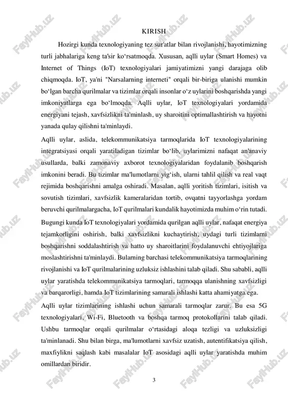 ash mumkinligini ko‘rsatishga yordam beradi. 5 1. iot (internet of things) texnologiyasi iot (internet of things) texnologiyasi — bu turli xil qurilmalarning, sensorlarning va tizimlarning internet orqali o‘zaro bog‘lanishi, ma'lumot almashishi va bir-birini boshqarish imkoniyatlarini ta'minlovchi texnologiya. iot tizimlari o‘z ichiga turli xil qurilmalar, asboblar, sensorlar, va aktuatorlarni oladi, ular o‘zaro internet tarmog‘i orqali ulanib, o‘zaro ma'lumotlar almashish va integratsiyalashgan tizimni tashkil qiladi. bu tizimlar, odatda, avtomatik boshqaruv, monitoring, va real vaqt rejimida qarorlar qabul qilish imkoniyatlarini yaratadi. iot texnologiyasining asosiy maqsadi — obyektlarni va qurilmalarni internet orqali bog‘lab, ularga "aqlli" imkoniyatlar berishdir. masalan, uydagi qurilmalar (yoritish, isitish tizimlari, xavfsizlik tizimlari va boshqalar) bitta tizim orqali boshqarilishi mumkin. bu texnologiya orqali foydalanuvchilar turli tizimlarni masofadan boshqarish va real vaqt rejimida monitoring qilish imkoniyatiga ega bo‘ladi. iot tizimlarining asosiy elementlari iot tizimlarining samarali ishlashi uchun bir nechta asosiy komponentlar mavjud:  ma'lumotlarni uzatish tarmoqlari: qurilmalar o‘rtasida ma'lumotlar uzatish uchun tarmoqning o‘rni …